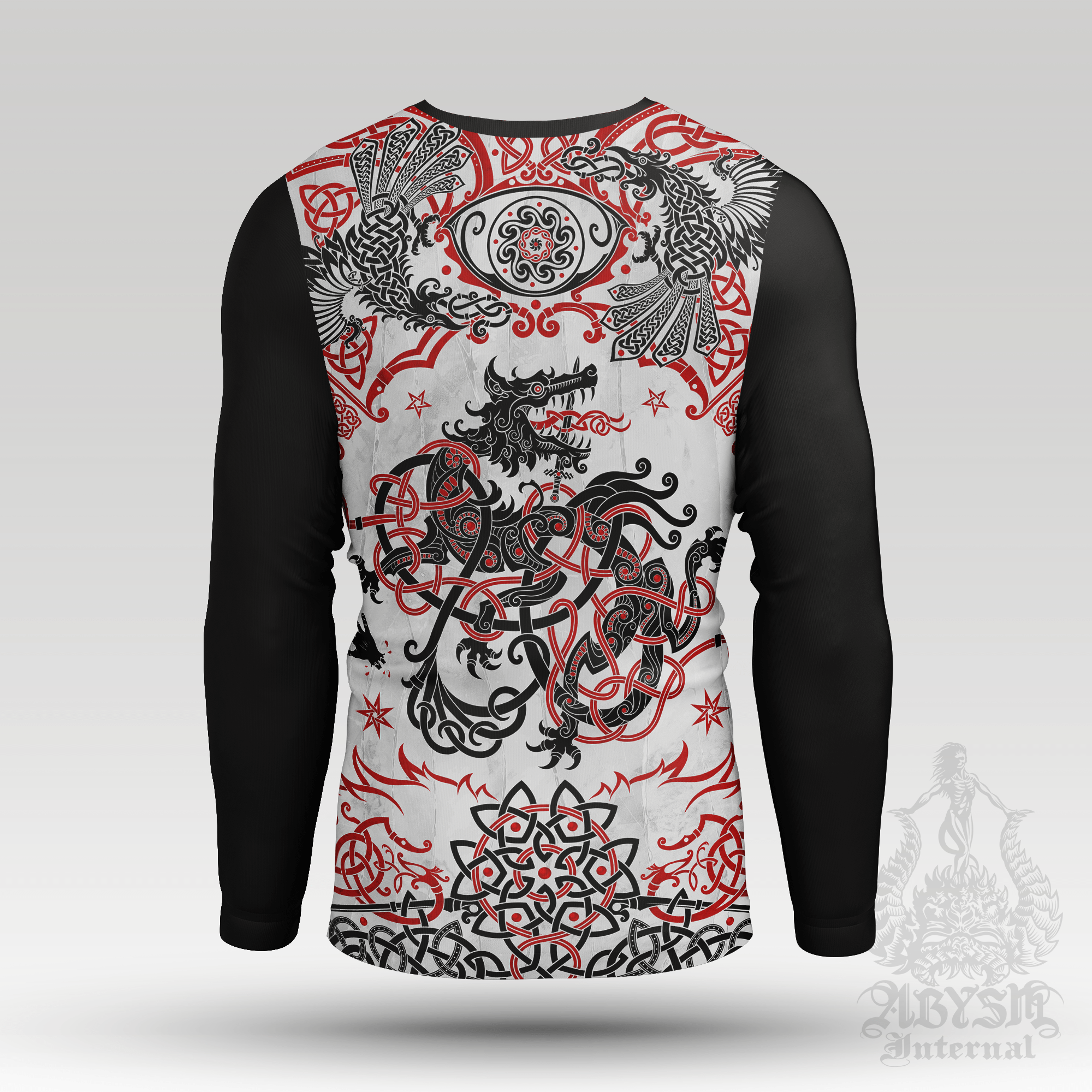 Viking Rash Guard - White Norse Fenrir Long Sleeve Surf Shirt, Red and Black Nordic Wolf Sports Top | Knotwork Pattern Art UV Protection Activewear for Men and Women - Abysm Internal