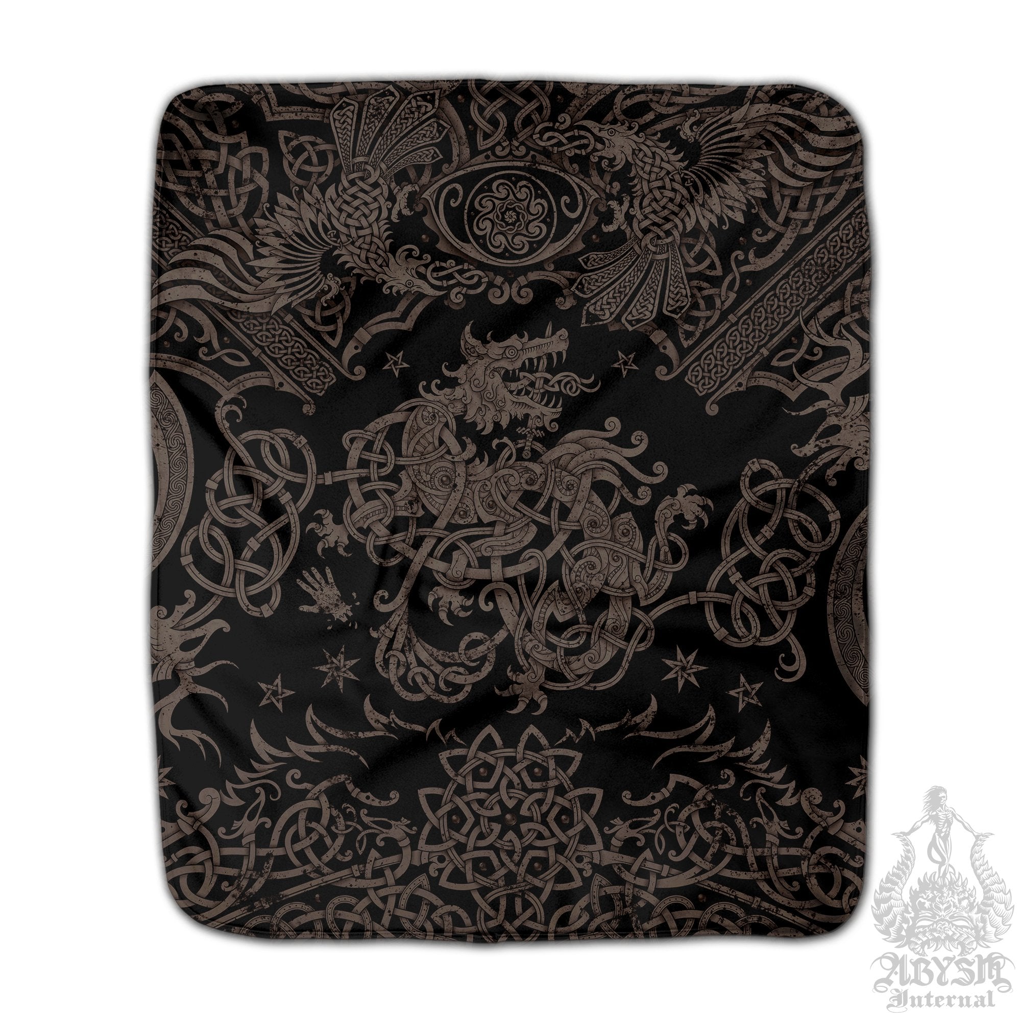 Viking Sherpa Fleece Throw Blanket, Norse Mythology Decor, Nordic Wolf Art, Fenrir, Alternative Gift - Black Grey Grit - Abysm Internal