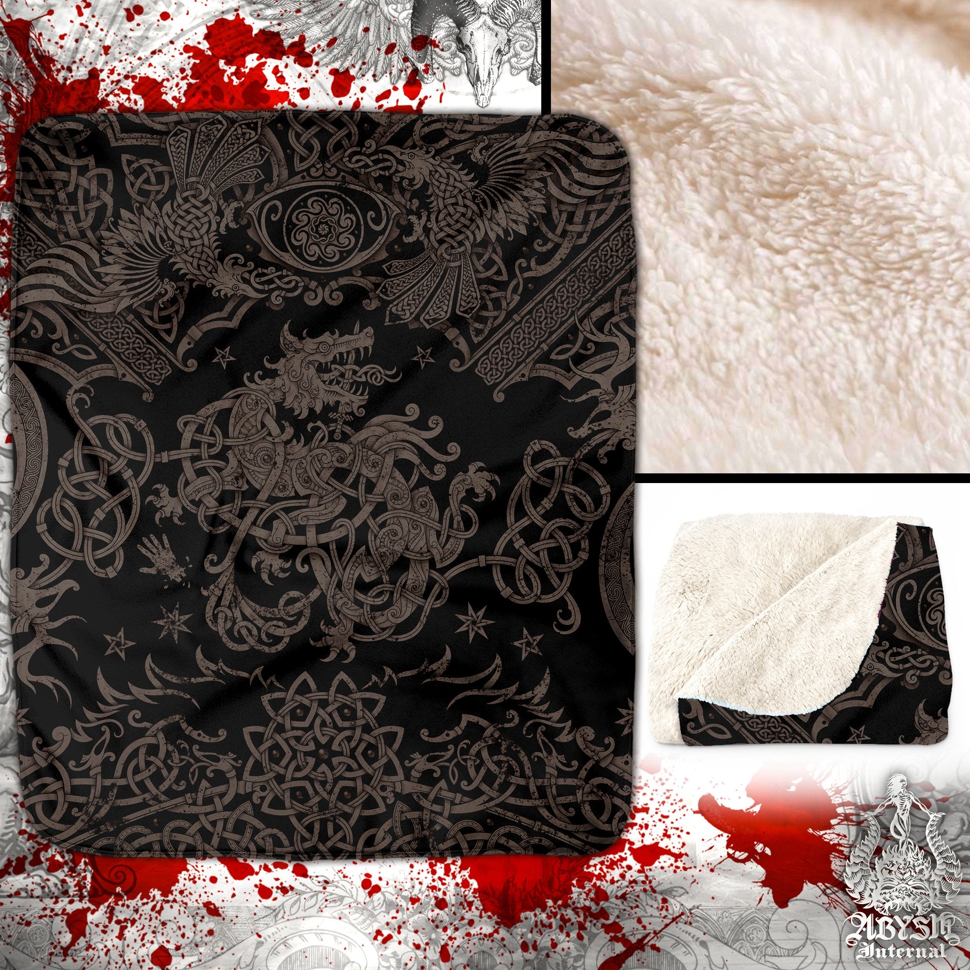 Viking Sherpa Fleece Throw Blanket, Norse Mythology Decor, Nordic Wolf Art, Fenrir, Alternative Gift - Black Grey Grit - Abysm Internal