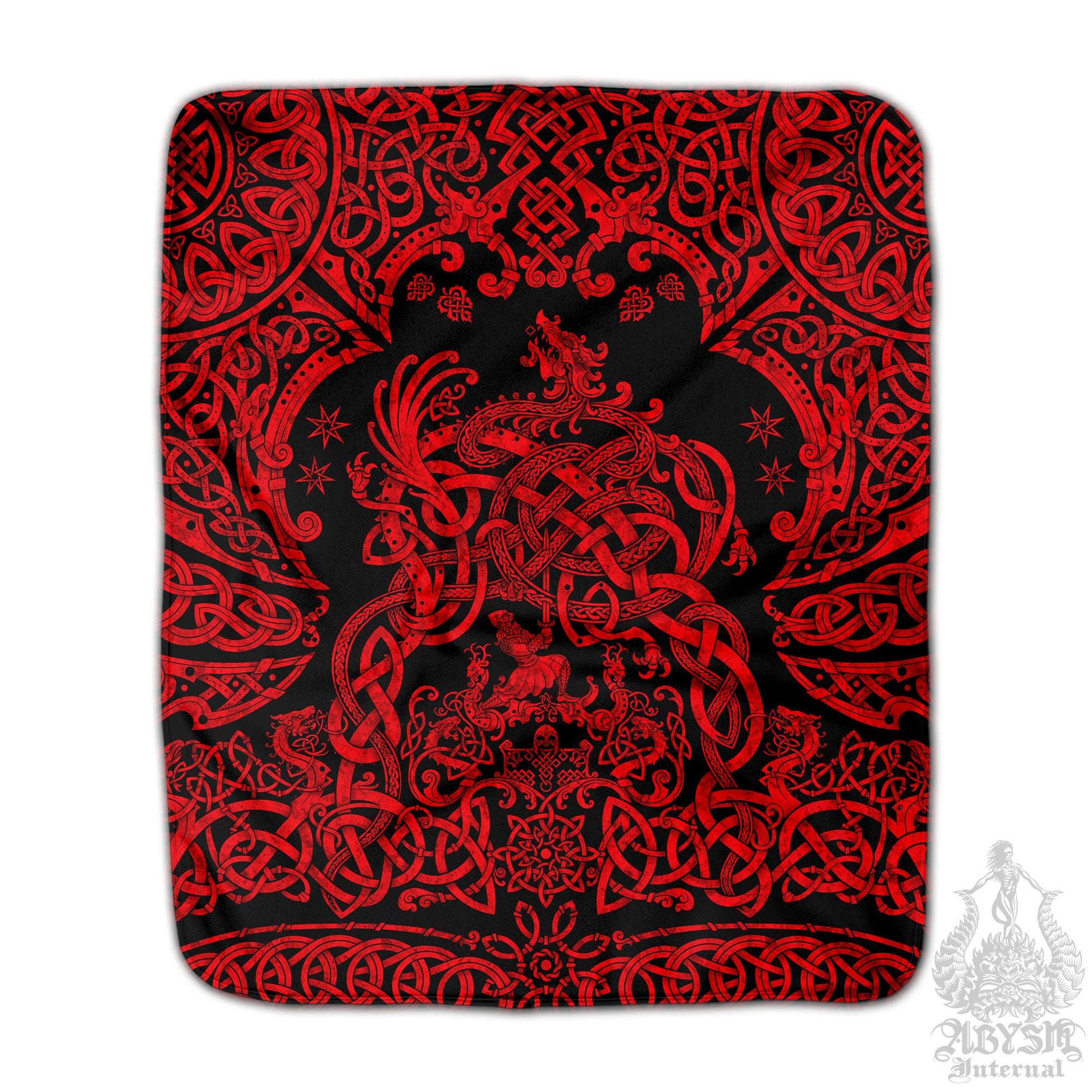 Viking Sherpa Fleece Throw Blanket, Norse Mythology, Nordic Art, Pagan Decor, Dragon Fafnir, Alternative Art Gift - Black and Red - Abysm Internal
