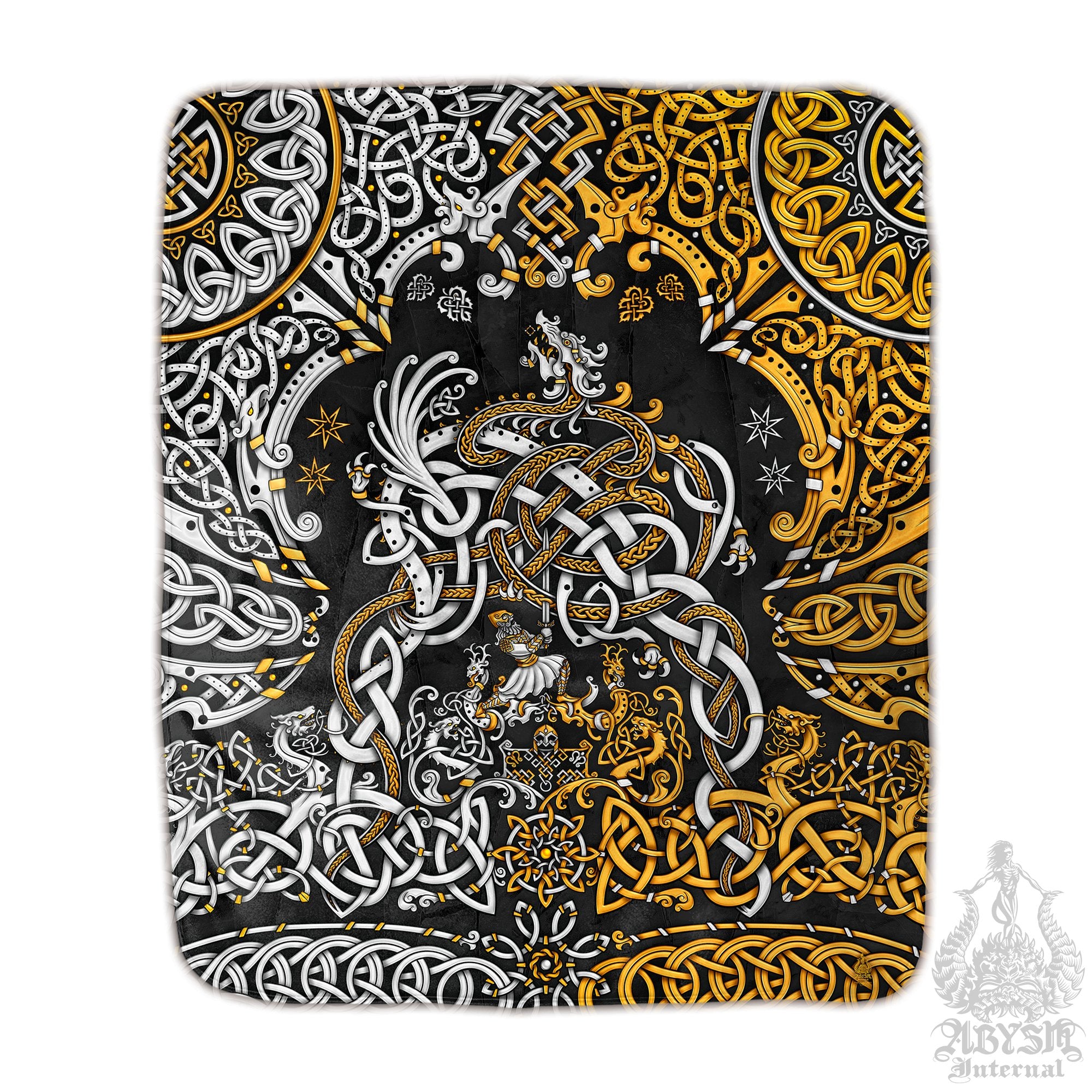 Viking Sherpa Fleece Throw Blanket, Norse Mythology, Nordic Art, Pagan Decor, Dragon Fafnir - Gold and 3 Colors - Abysm Internal