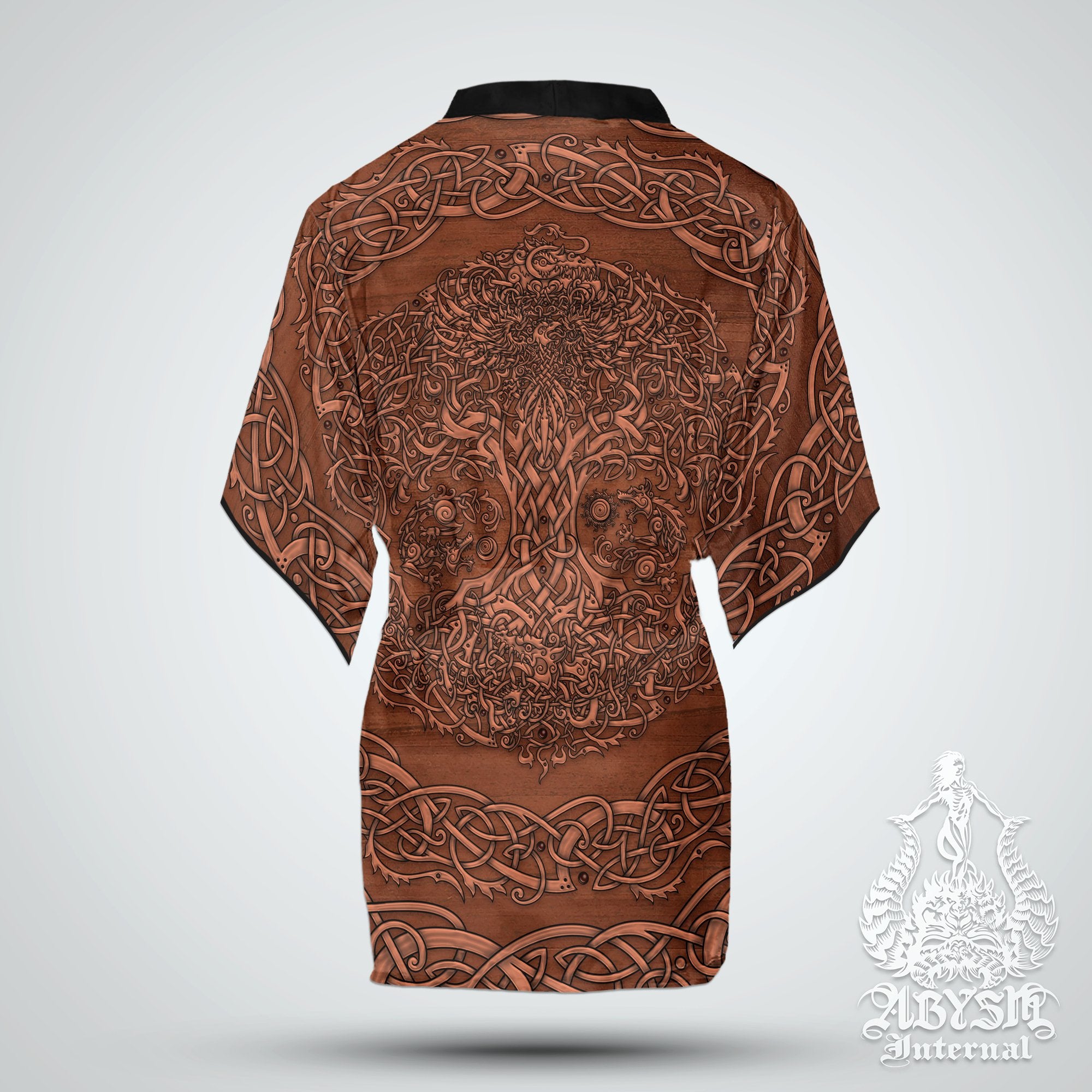 Viking Short Kimono Robe, Beach Party Outfit, Yggdrasil Coverup, Summer Festival, Alternative Norse Clothing, Unisex - Tree of Life, Wood - Abysm Internal