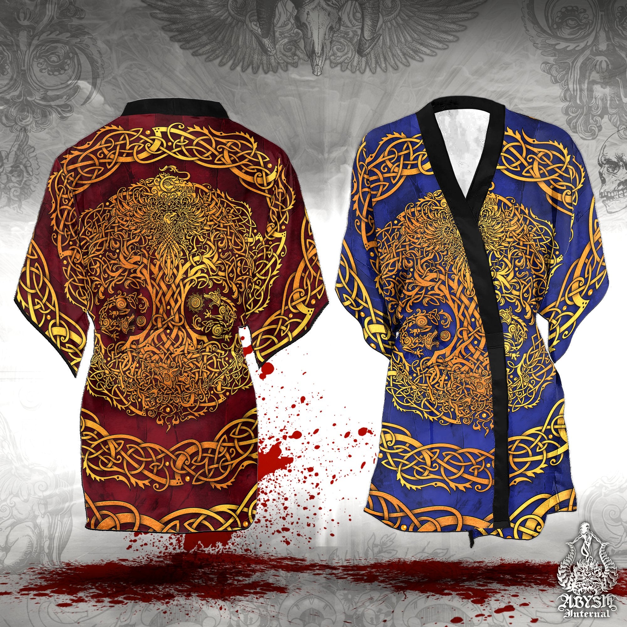 Viking Short Kimono Robe, Beach Party Outfit, Yggdrasil Coverup, Summer Festival, Norse Alternative Clothing, Unisex - Tree of Life, Gold and Colors: Black, Red, Blue - Abysm Internal