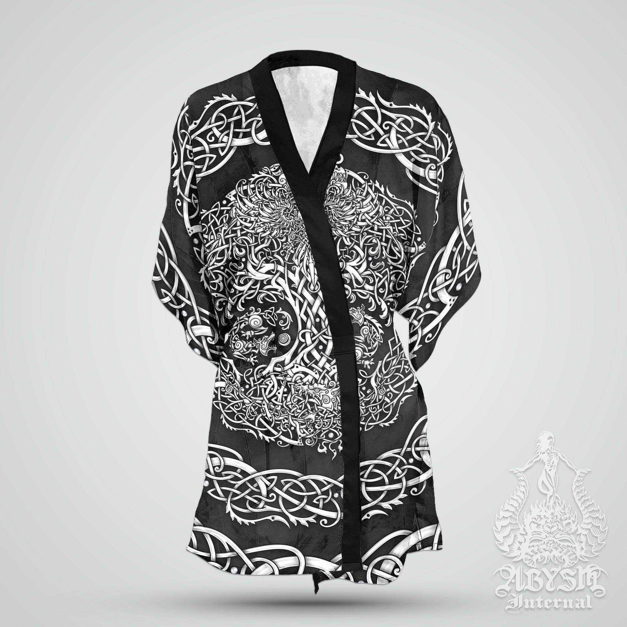 Viking Short Kimono Robe, Beach Party Outfit, Yggdrasil Coverup, Summer Festival, Norse Alternative Clothing, Unisex - Tree of Life, White and Colors: Black, Red, Blue - Abysm Internal