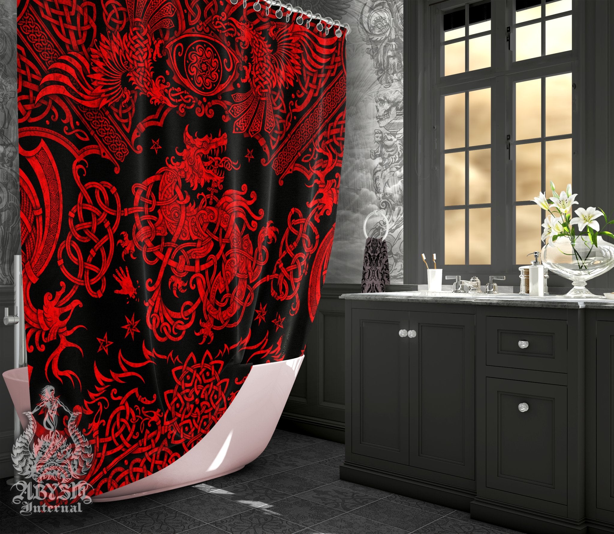 Viking Shower Curtain, 71x74 inches, Nordic Wolf Bathroom Decor, Fenrir Art Print, Old Norse Mythology - Black Red - Abysm Internal