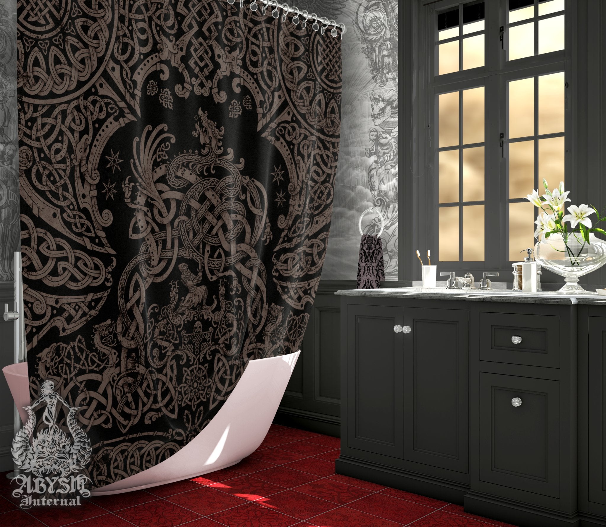 Viking Shower Curtain, 71x74 inches, Norse Art Bathroom Decor, Nordic Dragon Fafnir - Black Grey Grit - Abysm Internal