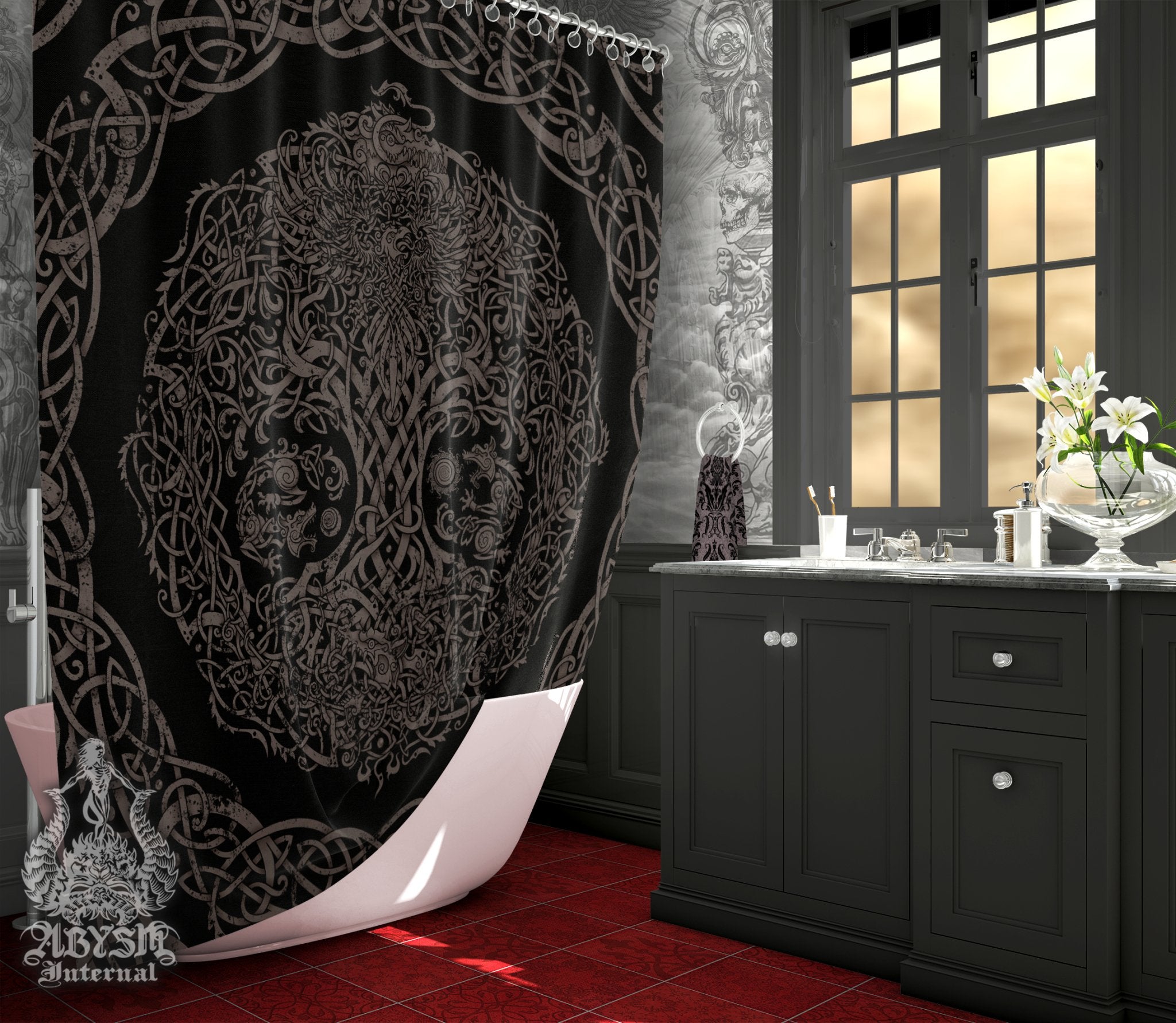 Viking Shower Curtain, 71x74 inches, Yggdrasil, Norse Mythology Bathroom Decor, Tree of Life - Black Grey Grit - Abysm Internal