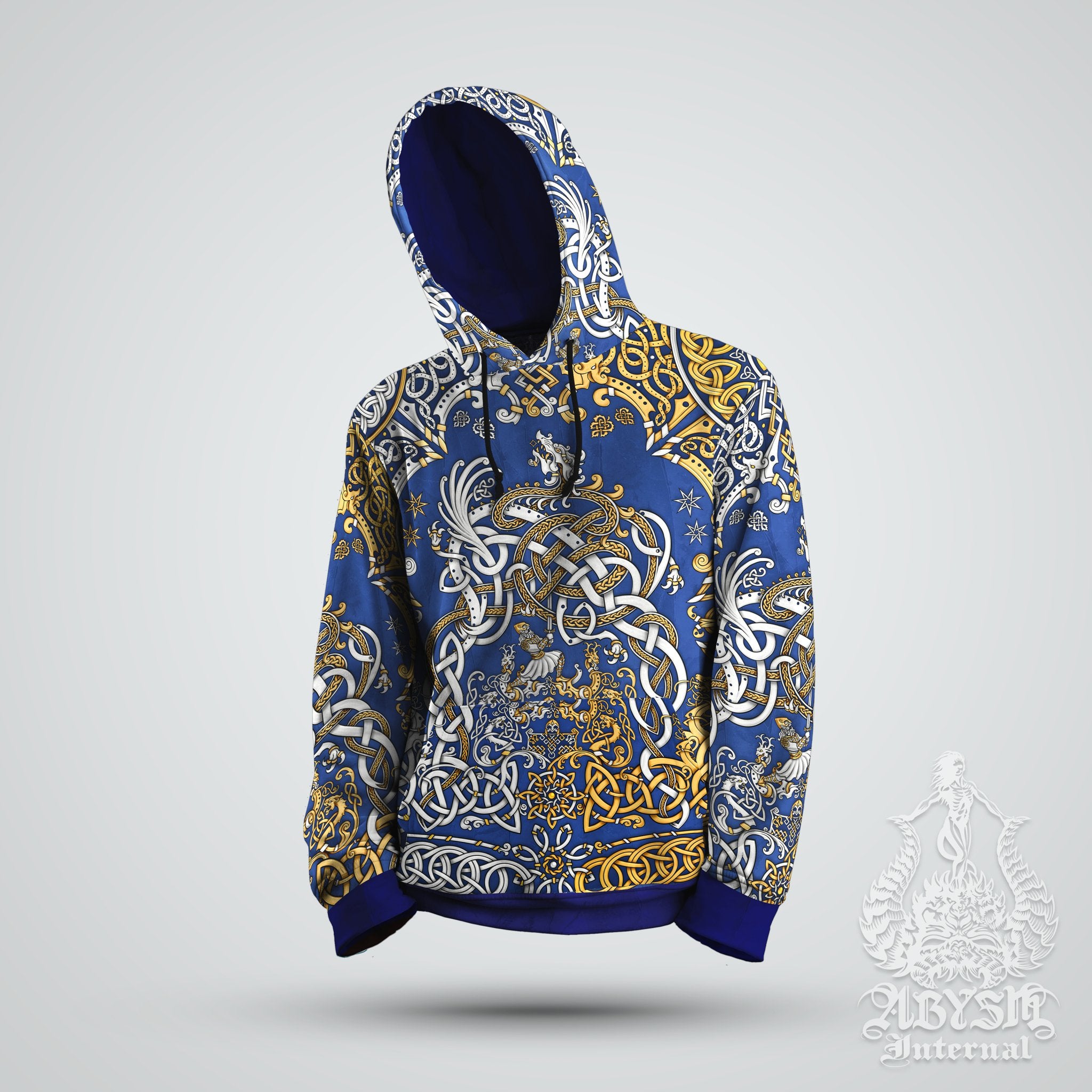 Viking Sweater, Nordic Dragon Pullover, Norse Art Hoodie, Fantasy Street Outfit, Gold Fafnir Streetwear, Alternative Clothing, Unisex - Black, Blue or Red, 3 Colors - Abysm Internal