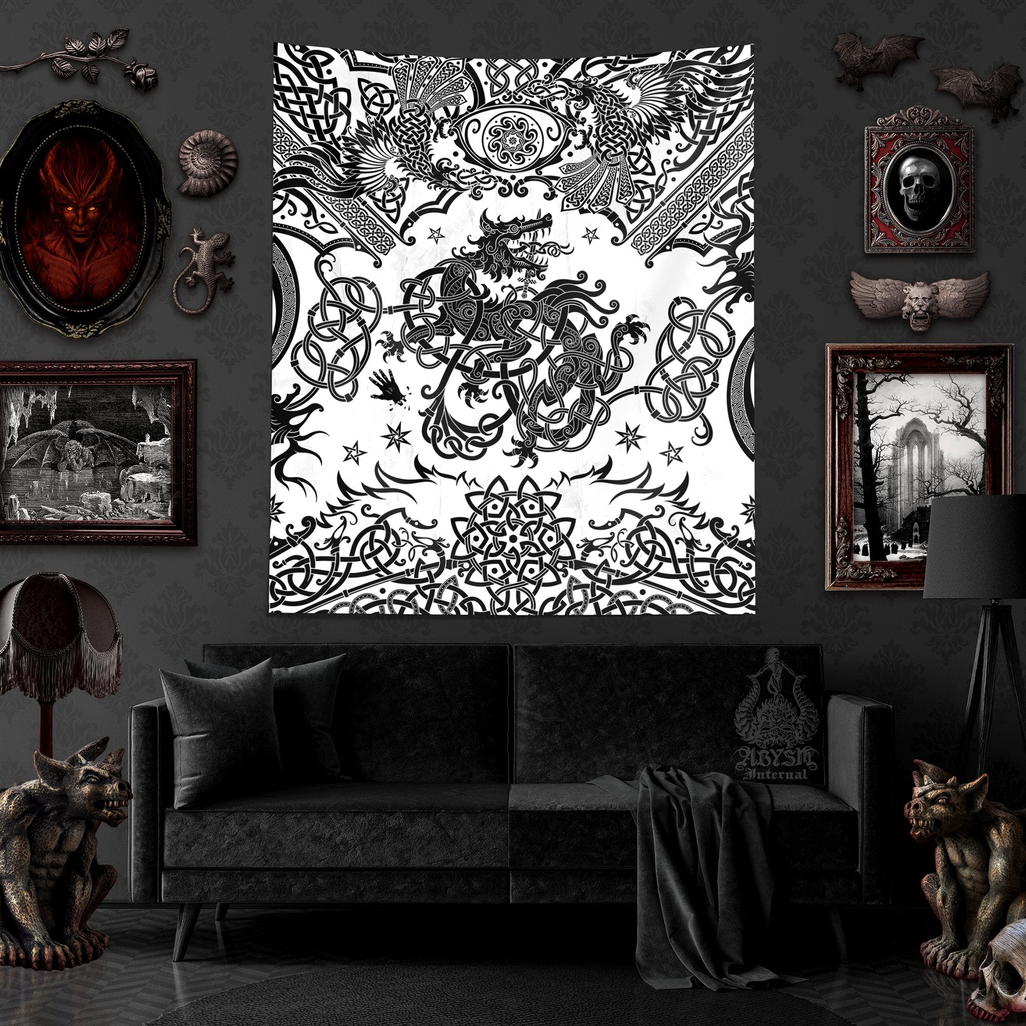Viking Tapestry, Nordic Wall Hanging, Norse Home Decor, Fenrir Wolf Art, Vertical Print - Black White - Abysm Internal