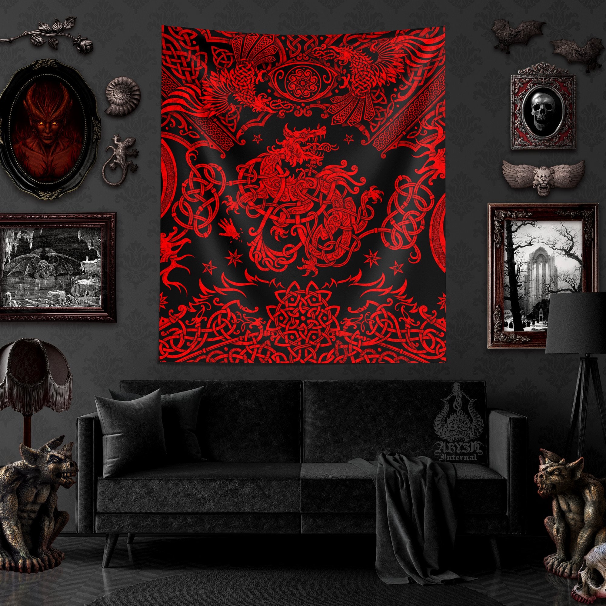 Viking Tapestry, Nordic Wall Hanging, Norse Home Decor, Fenrir Wolf Art, Vertical Print - Red Black - Abysm Internal