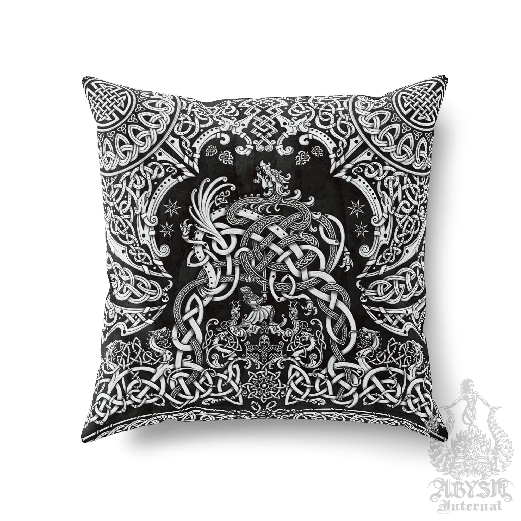 Viking Throw Pillow, Decorative Accent Pillow, Square Cushion Cover, Gamer Room Decor, Dragon Fafnir, Nordic Art, Alternative Home - White & 3 Colors - Abysm Internal