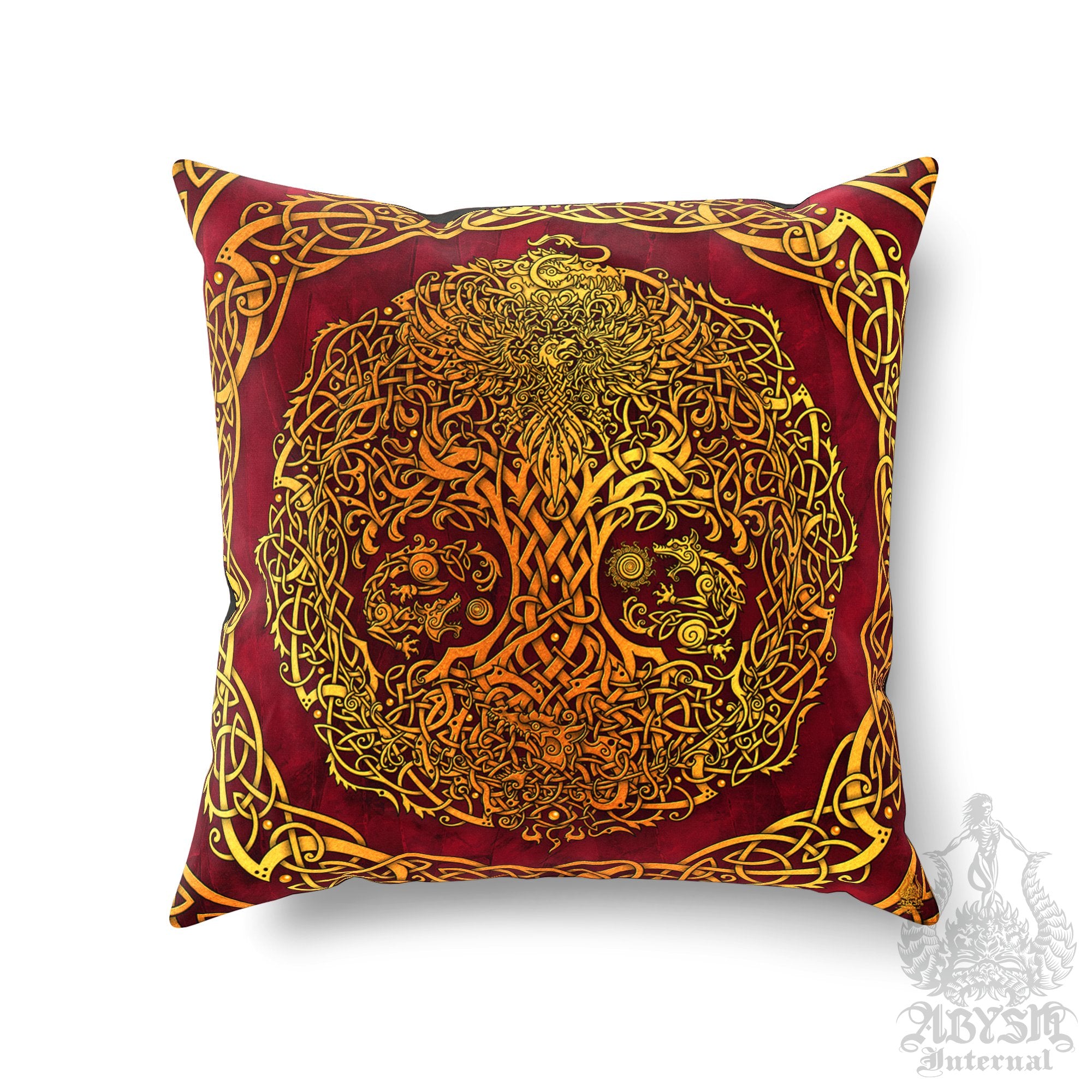 Viking Throw Pillow, Decorative Accent Pillow, Square Cushion Cover, Yggdrasil, Norse Decor, Nordic Art, Alternative Home - Tree of Life, Gold & 3 Colors - Abysm Internal