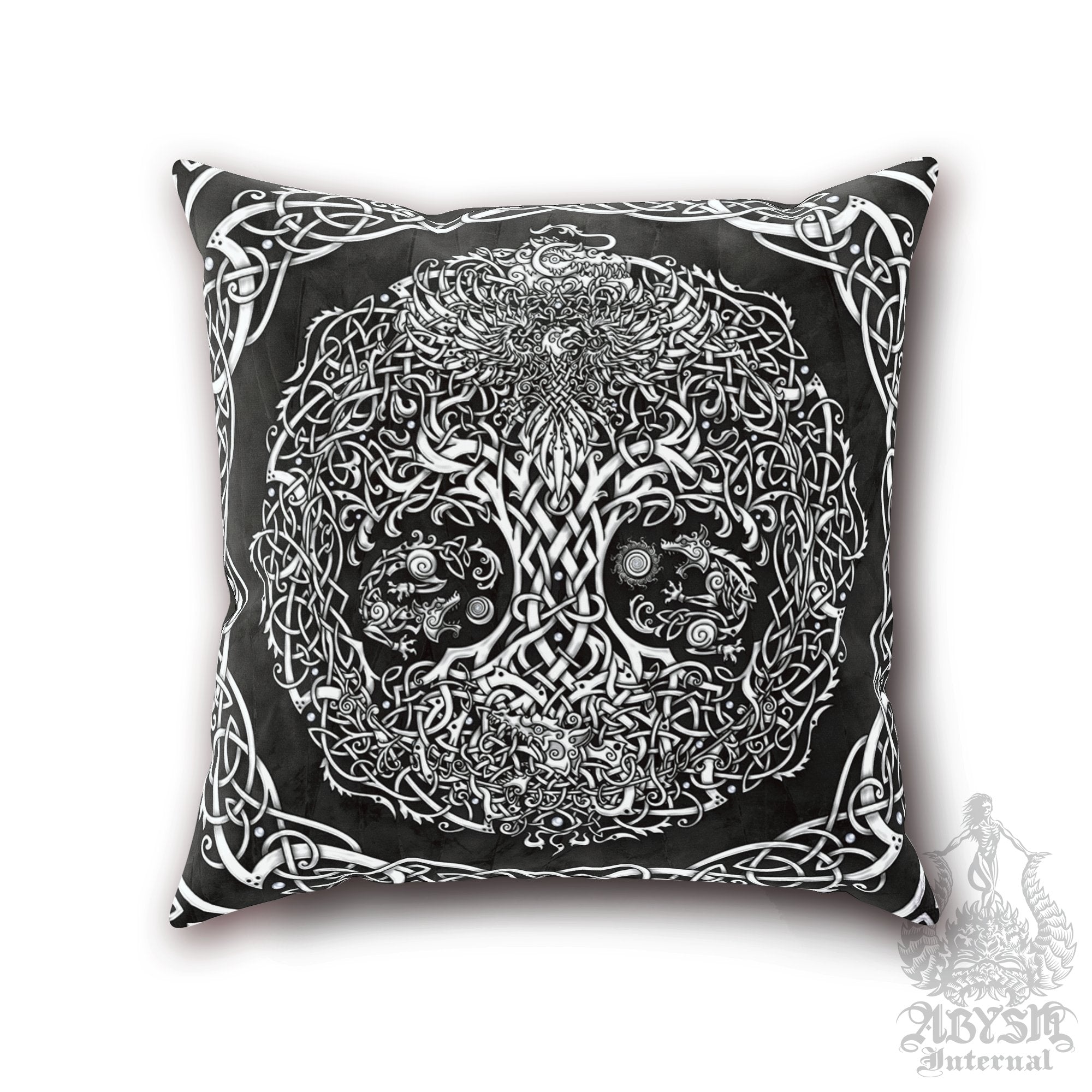 Viking Throw Pillow, Decorative Accent Pillow, Square Cushion Cover, Yggdrasil, Norse Decor, Nordic Art, Alternative Home - Tree of Life, White & 3 Colors - Abysm Internal