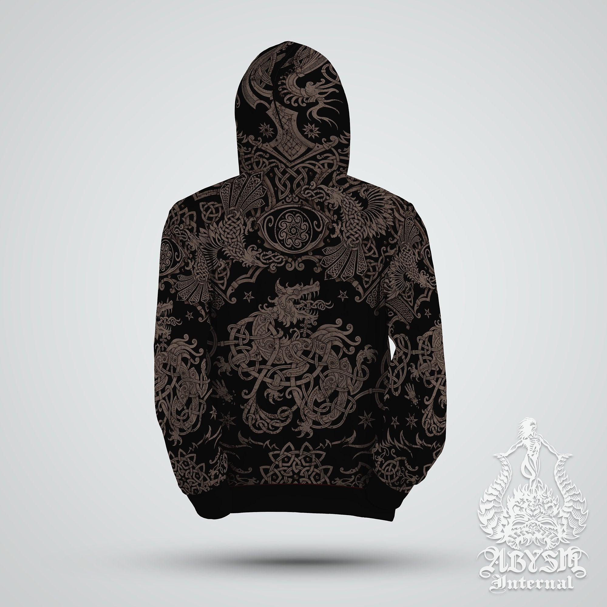 Viking Wolf Hoodie, Fenrir Art Sweater, Norse Knotwork Pullover, Nordic Street Outfit, Pagan Streetwear, Alternative Clothing, Unisex - Black Grey Grit - Abysm Internal