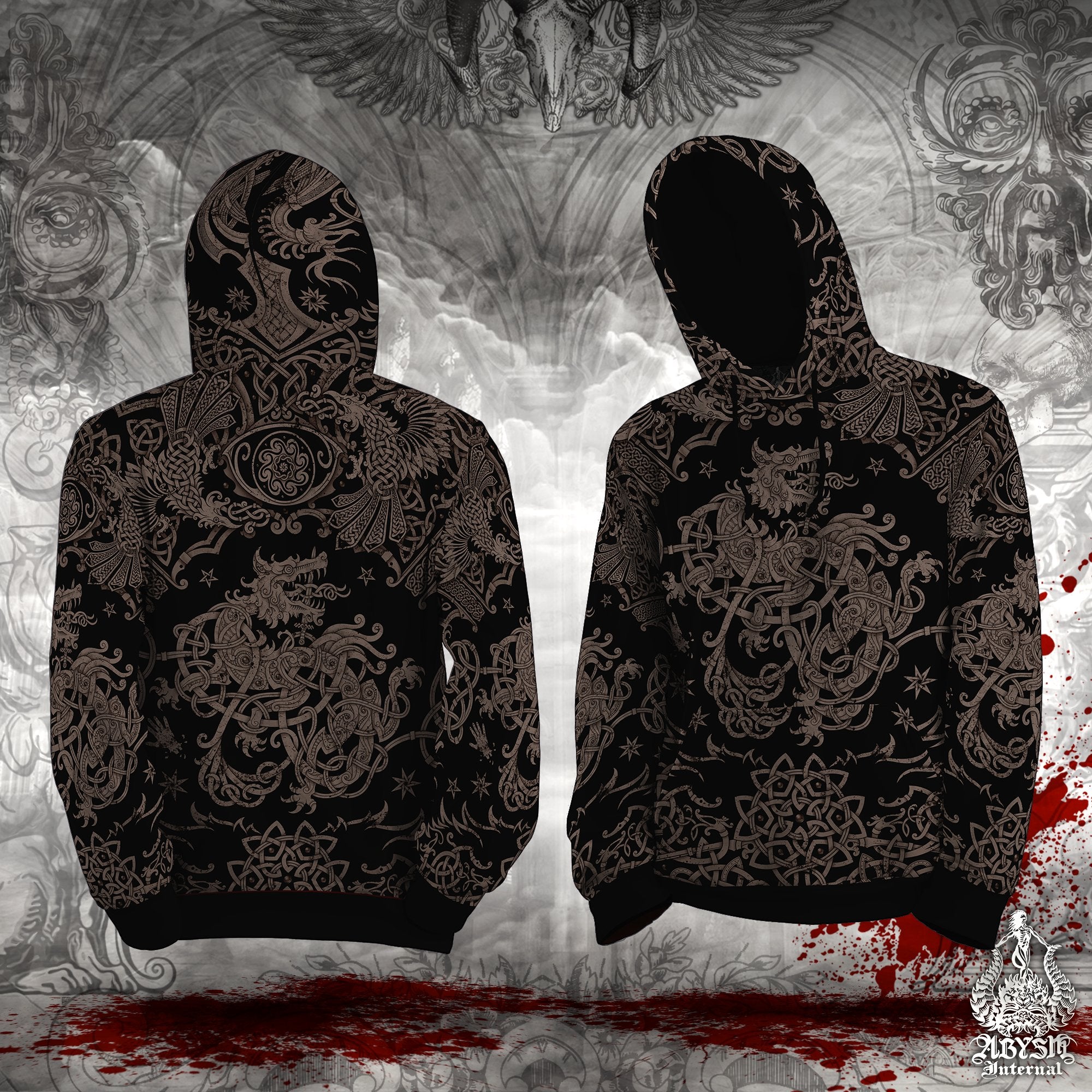 Viking Wolf Hoodie, Fenrir Art Sweater, Norse Knotwork Pullover, Nordic Street Outfit, Pagan Streetwear, Alternative Clothing, Unisex - Black Grey Grit - Abysm Internal