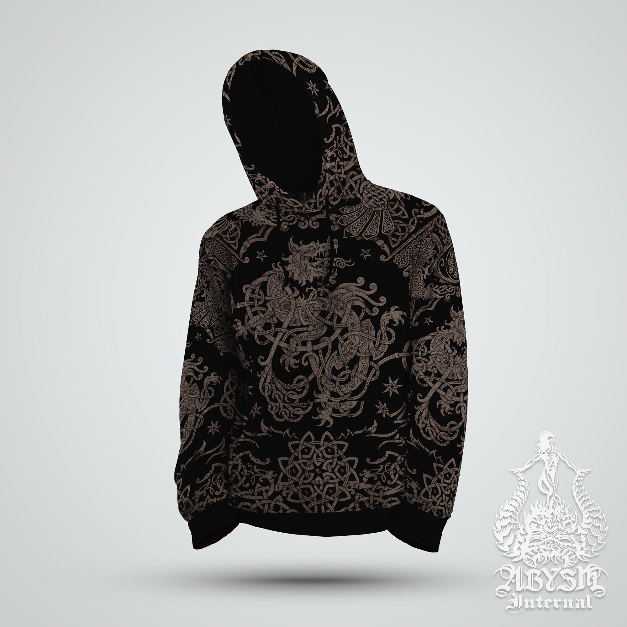 Viking Wolf Hoodie, Fenrir Art Sweater, Norse Knotwork Pullover, Nordic Street Outfit, Pagan Streetwear, Alternative Clothing, Unisex - Black Grey Grit - Abysm Internal