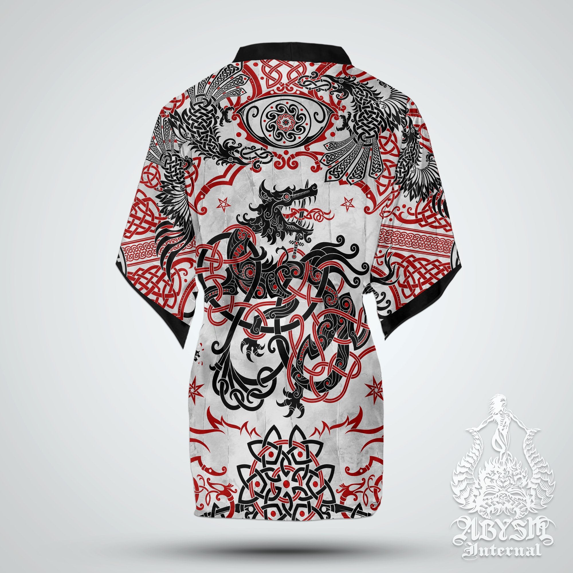 Viking Wolf Short Kimono Robe, Beach Party Outfit, Fenrir Coverup, Alternative Norse Festival, Summer Clothing, Nordic Art, Unisex - Bloody White - Abysm Internal