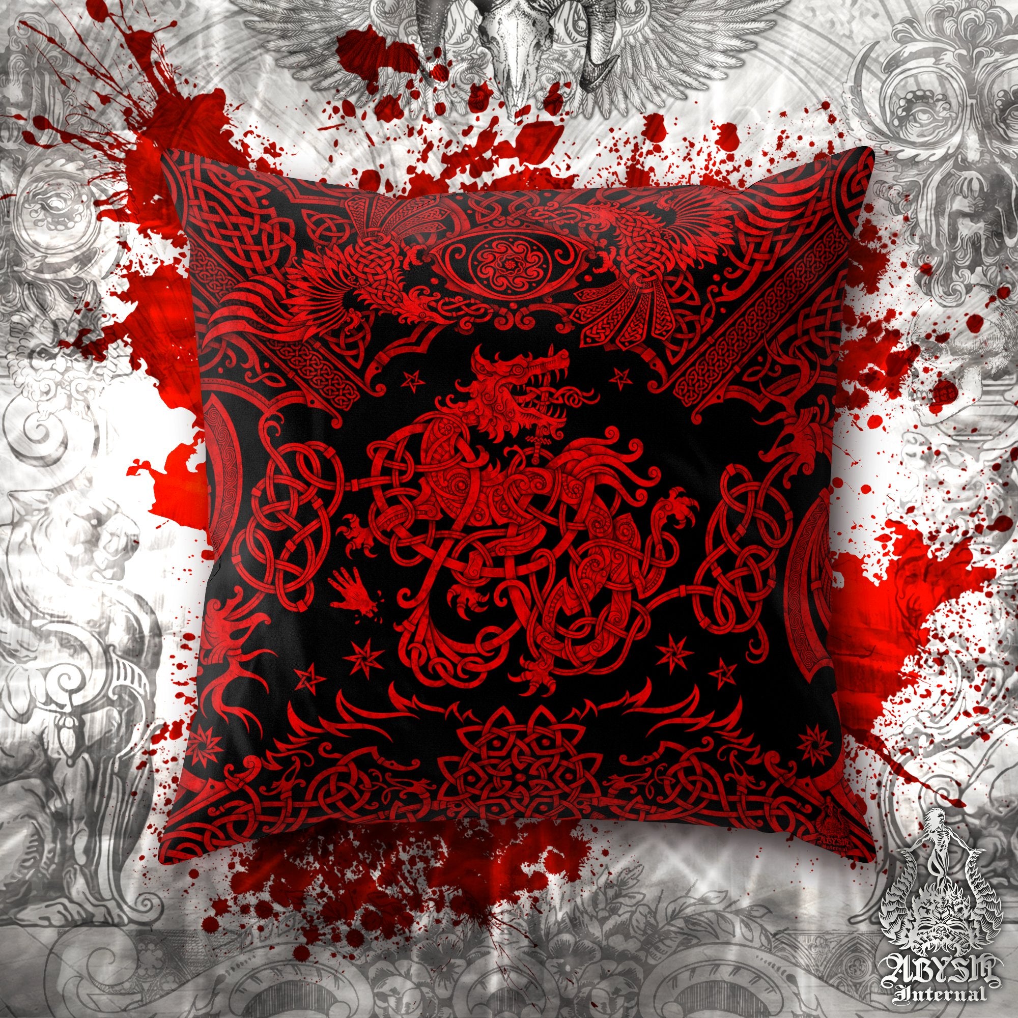 Viking Wolf Throw Pillow, Decorative Accent Pillow, Square Cushion Cover, Norse Room Decor, Fenrir Knotwork, Nordic Art, Alternative Home - Black and Red - Abysm Internal