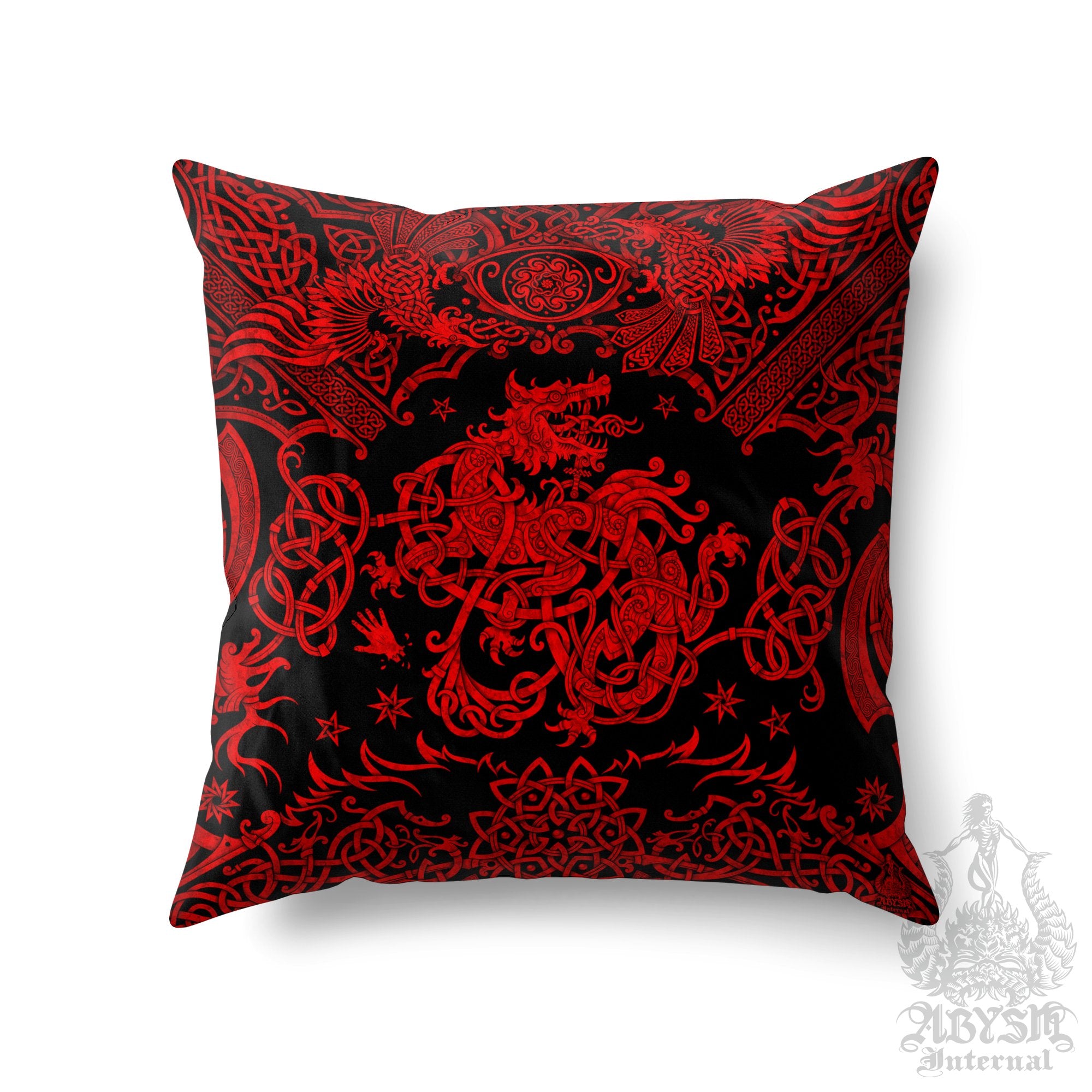 Viking Wolf Throw Pillow, Decorative Accent Pillow, Square Cushion Cover, Norse Room Decor, Fenrir Knotwork, Nordic Art, Alternative Home - Black and Red - Abysm Internal