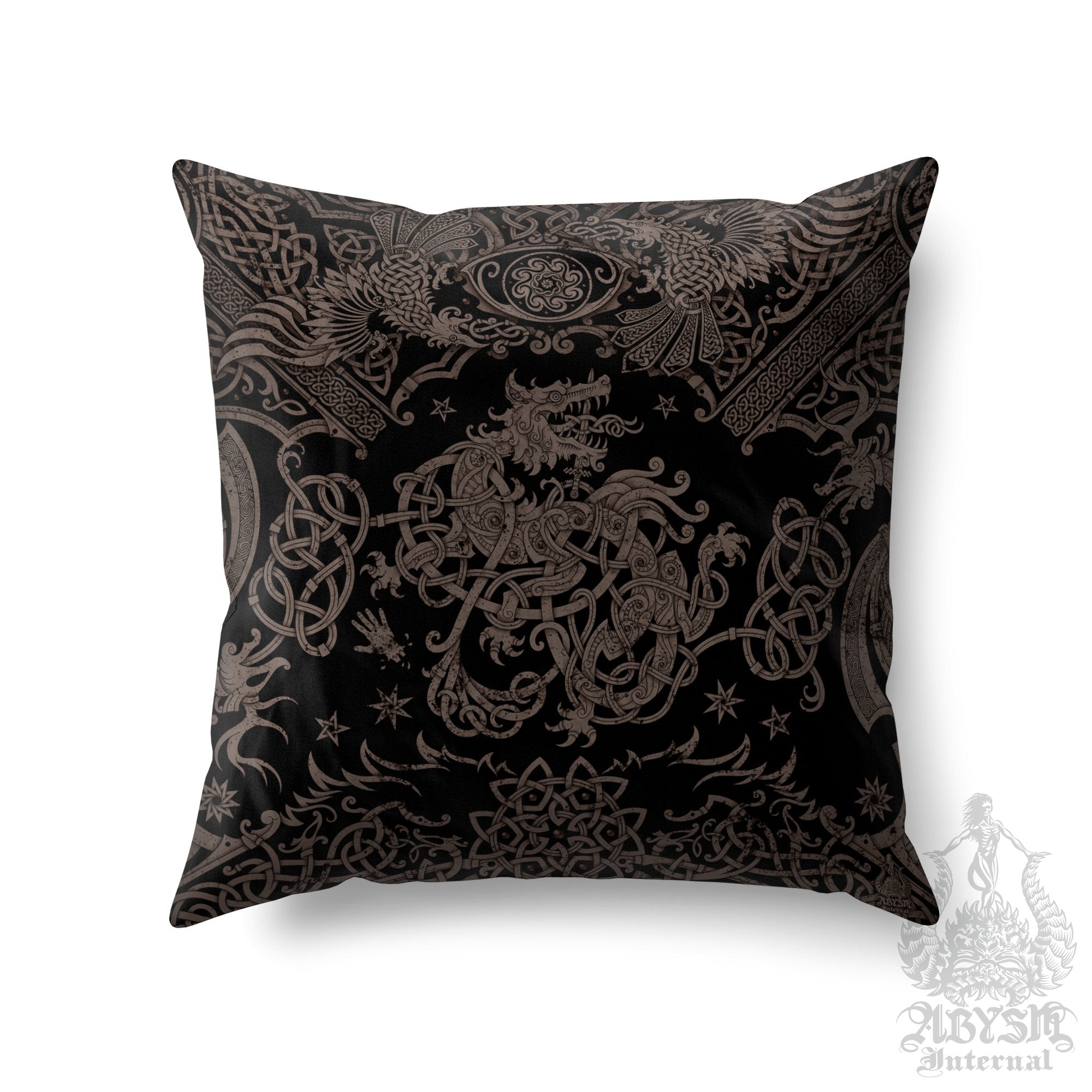 Viking Wolf Throw Pillow, Decorative Accent Pillow, Square Cushion Cover, Norse Room Decor, Fenrir Knotwork, Nordic Art, Alternative Home - Black Grey Grit - Abysm Internal