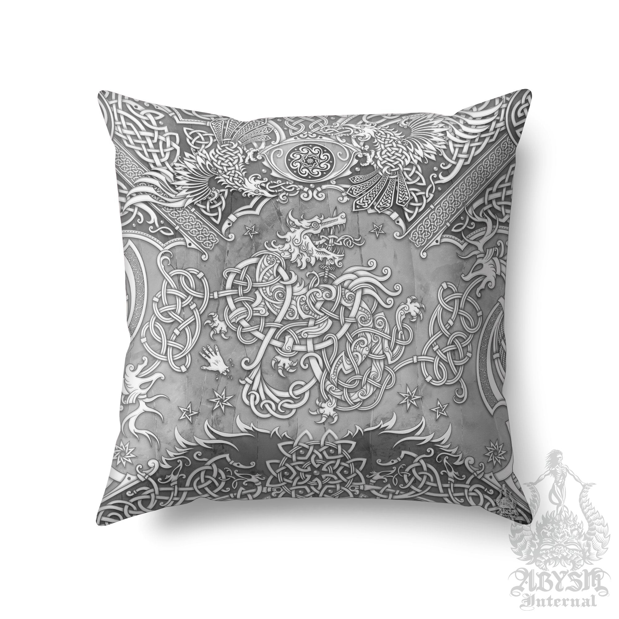 Viking Wolf Throw Pillow, Decorative Accent Pillow, Square Cushion Cover, Norse Room Decor, Fenrir Knotwork, Nordic Art, Alternative Home - Stone - Abysm Internal