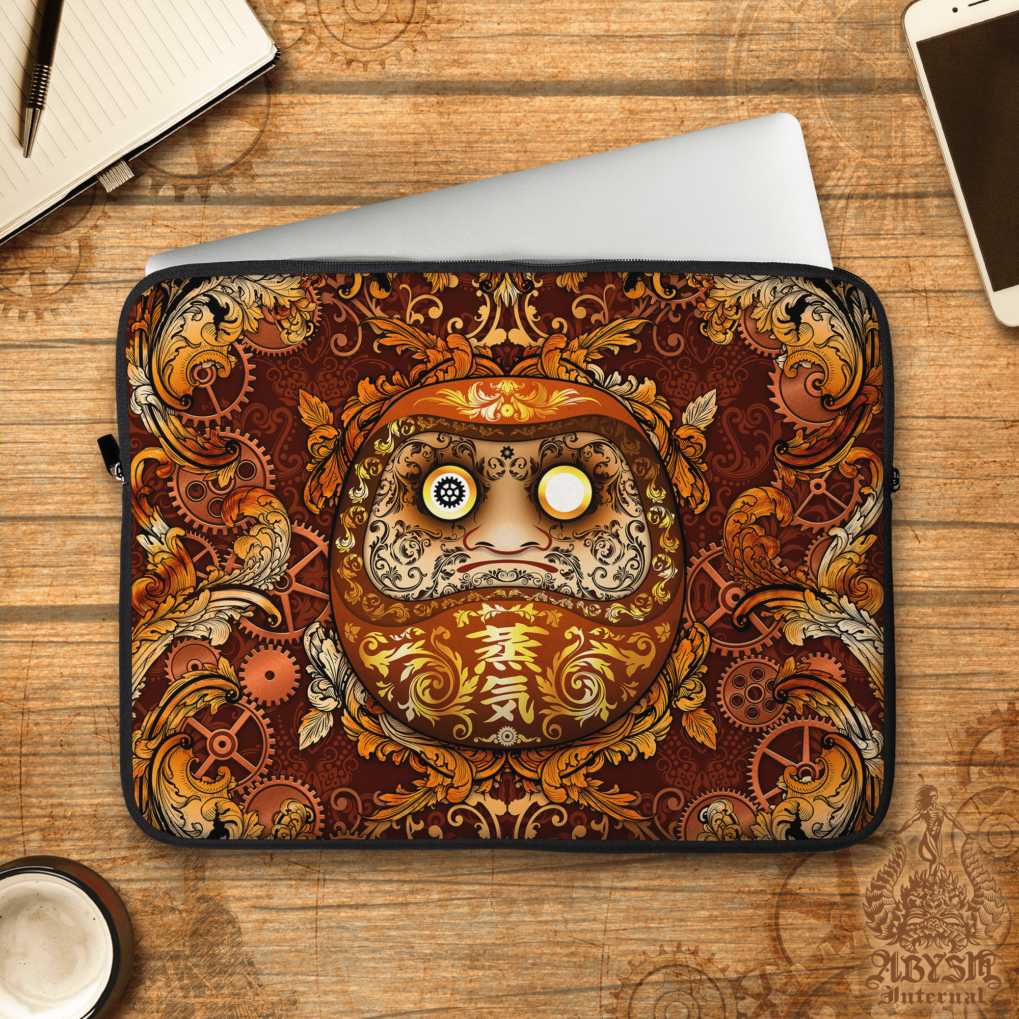 Whimsical Laptop Case – Steampunk Japanese Daruma, 13" & 15", Fantasy Art, Printed Padded Soft Sleeve - Abysm Internal