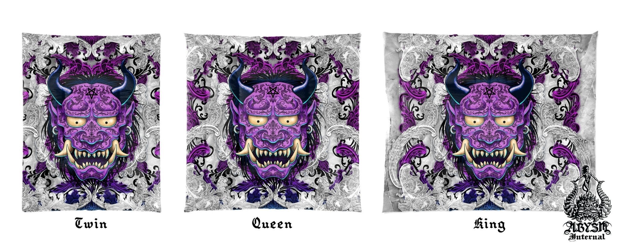 Whimsigoth Bedding Set, Comforter or Duvet, Japanese Oni Demon, Pastel Goth Bed Cover, Bedroom Decor, King, Queen & Twin Size - White and Purple, 2 Colors - Abysm Internal