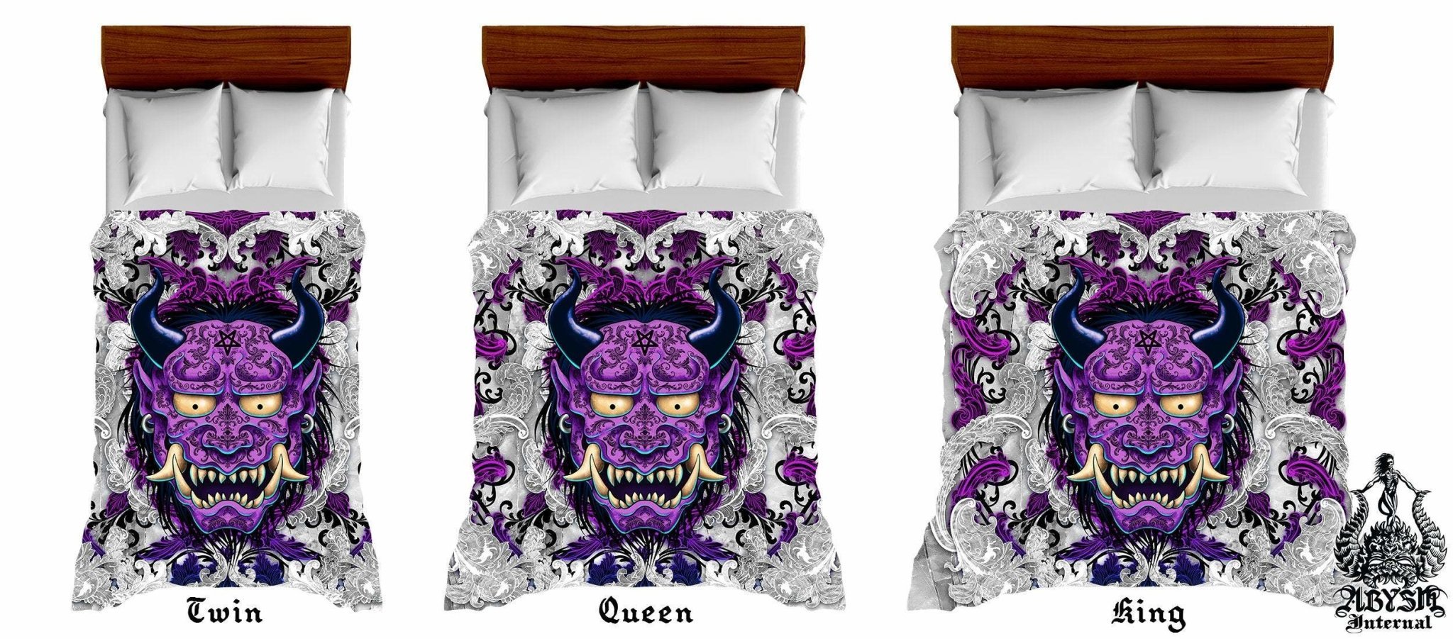 Whimsigoth Bedding Set, Comforter or Duvet, Japanese Oni Demon, Pastel Goth Bed Cover, Bedroom Decor, King, Queen & Twin Size - White and Purple, 2 Colors - Abysm Internal