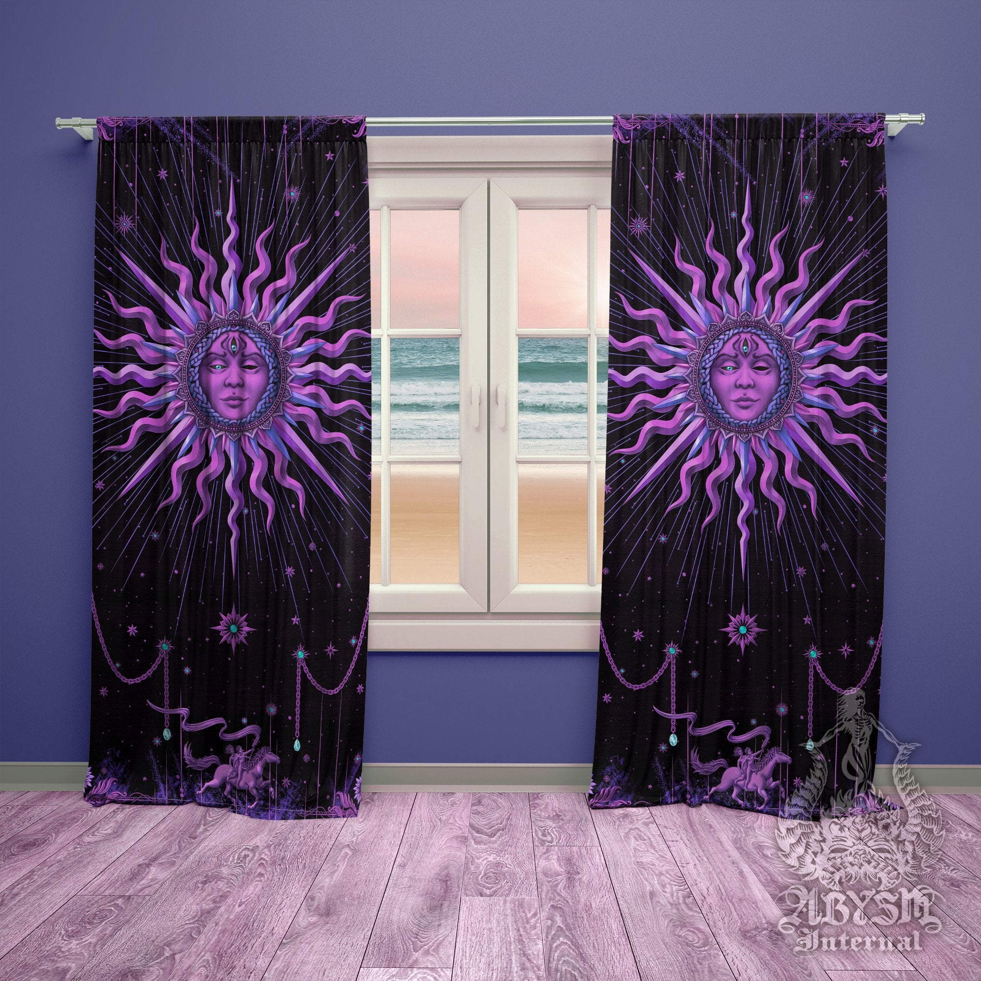 Whimsigoth Sun Curtains, 50x84' Printed Window Panels, Witchy Home Decor, Pastel Goth Room, Tarot Arcana, Esoteric Gothic Art Print - Purple Black - Abysm Internal