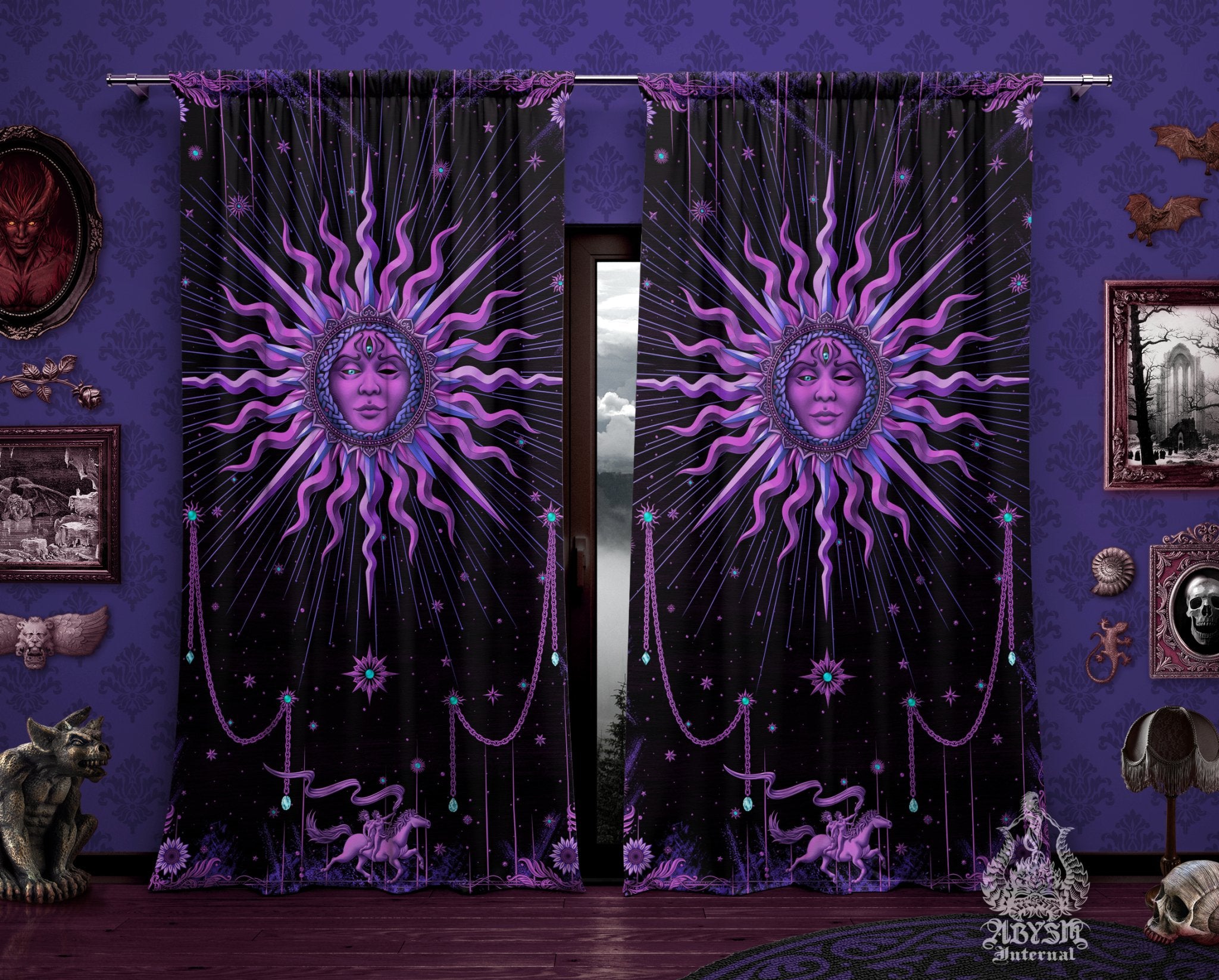 Whimsigoth Sun Curtains, 50x84' Printed Window Panels, Witchy Home Decor, Pastel Goth Room, Tarot Arcana, Esoteric Gothic Art Print - Purple Black - Abysm Internal