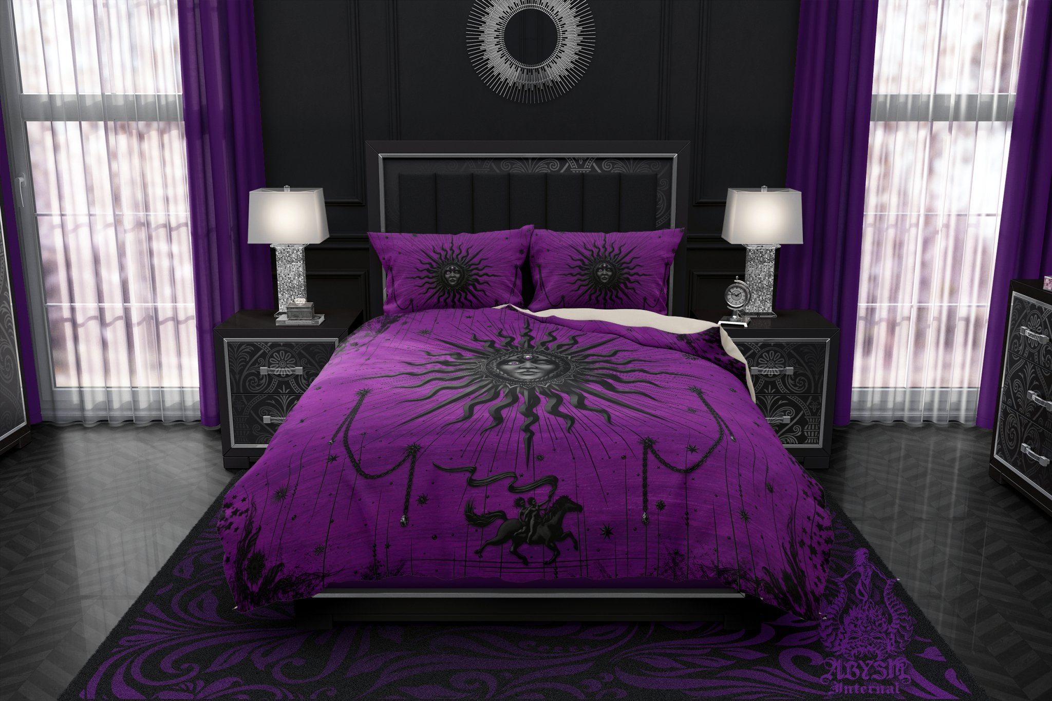 Whimsigoth Sun Duvet Cover, Bed Covering, Pastel Goth Comforter, Purple and Black Bedroom Decor King, Queen & Twin Bedding Set - Tarot Arcana Art - Abysm Internal
