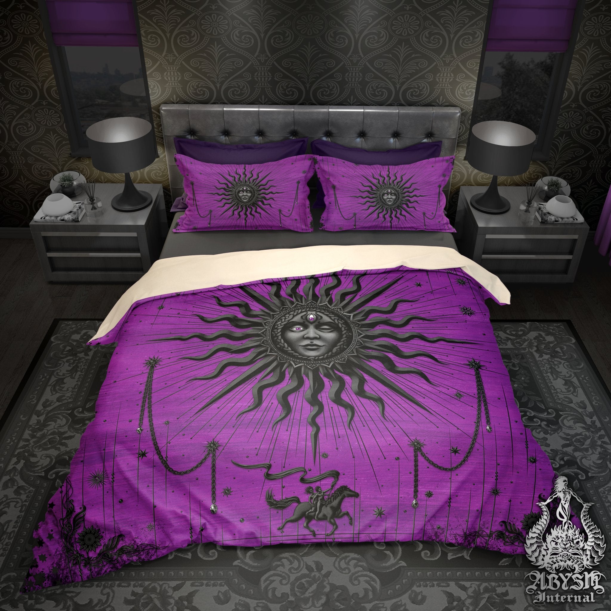 Whimsigoth Sun Duvet Cover, Bed Covering, Pastel Goth Comforter, Purple and Black Bedroom Decor King, Queen & Twin Bedding Set - Tarot Arcana Art - Abysm Internal