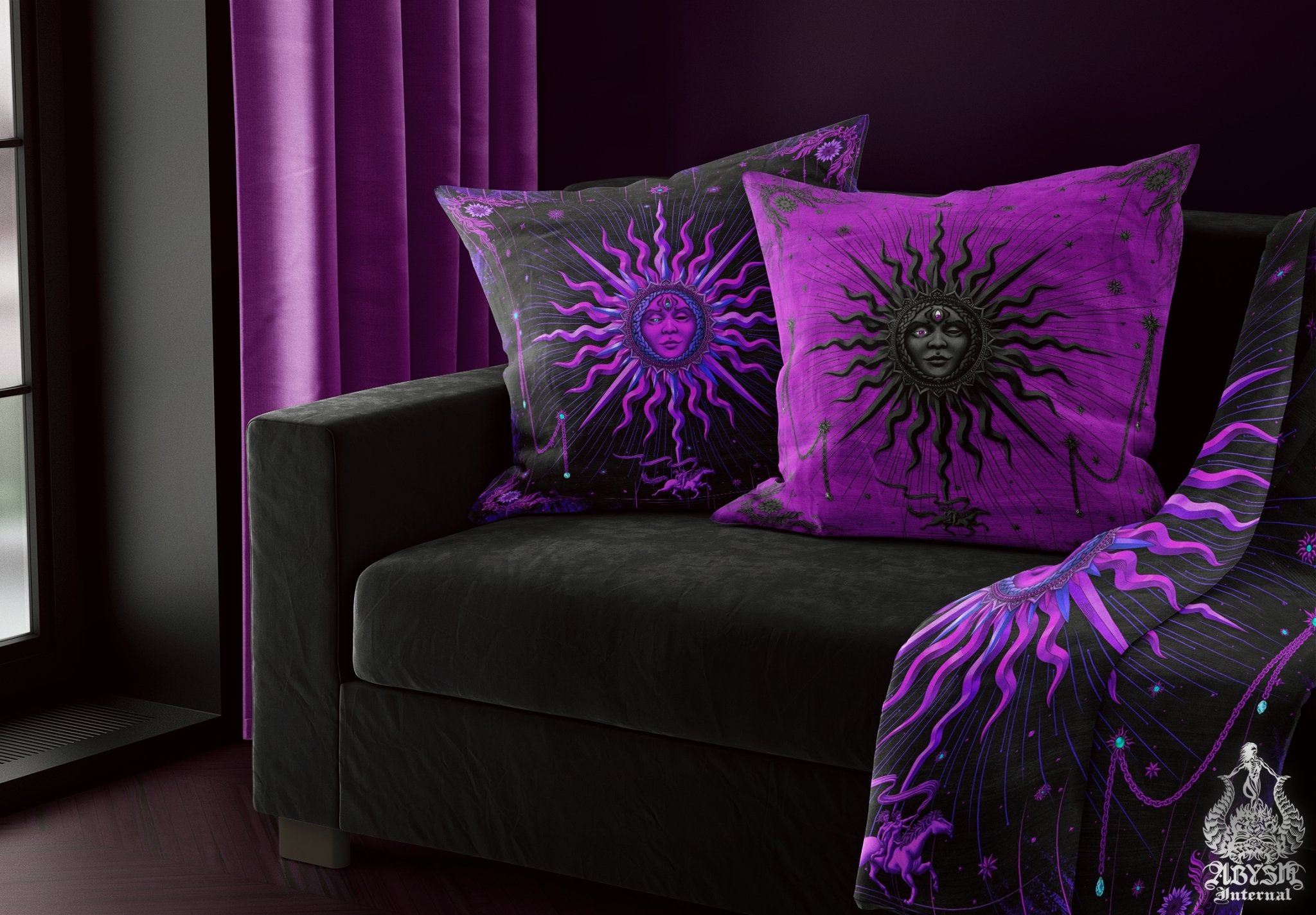Whimsigoth Throw Pillow, Witchy Decorative Accent Pillow, Purple Sun, Square Cushion Cover, Arcana Tarot Art, Pastel Goth Home, Fortune & Magic Room Decor - Abysm Internal