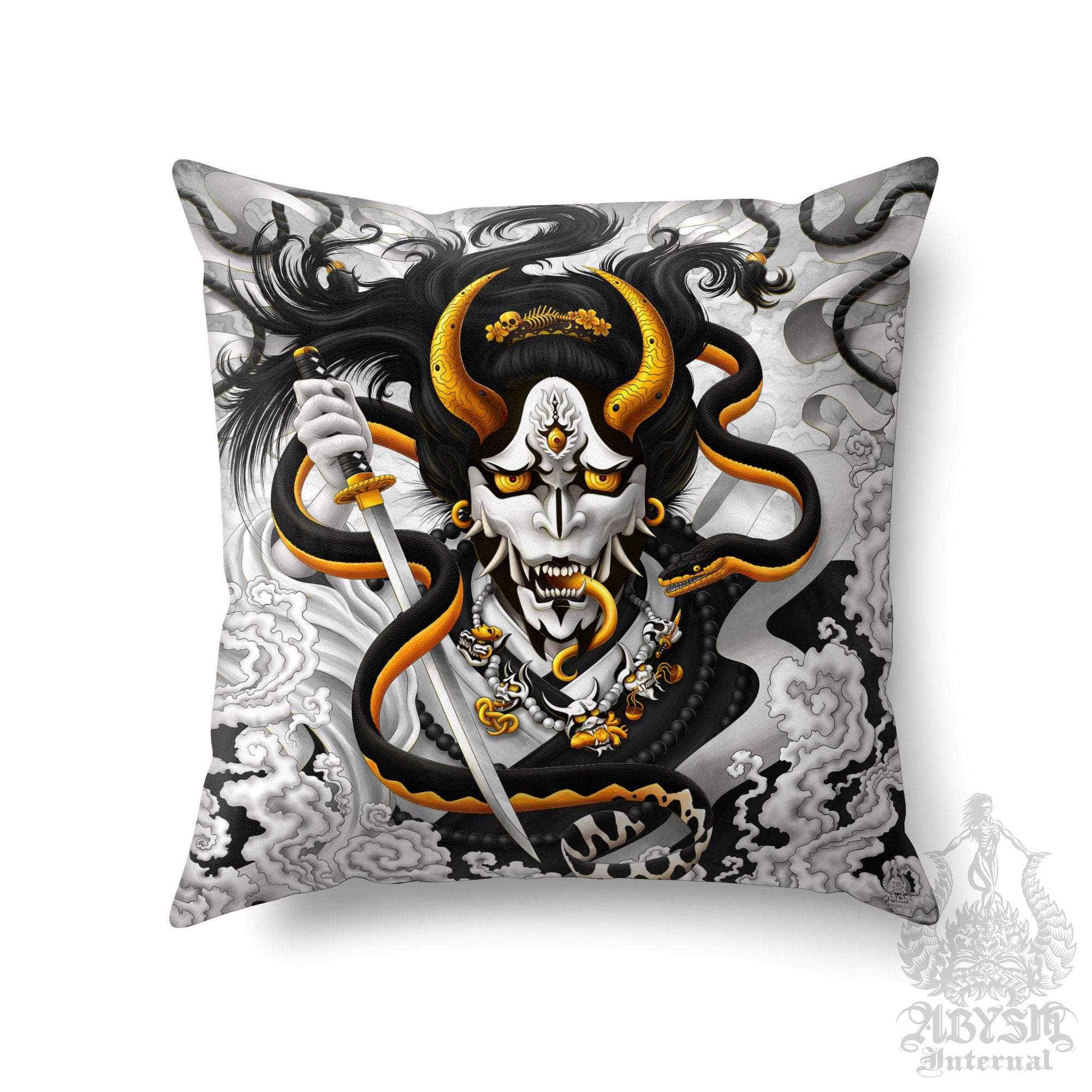 White and Black Hannya Throw Pillow, Decorative Accent Pillow, Square Cushion Cover, Japanese Demon & Snake, Anime Room Decor - Abysm Internal