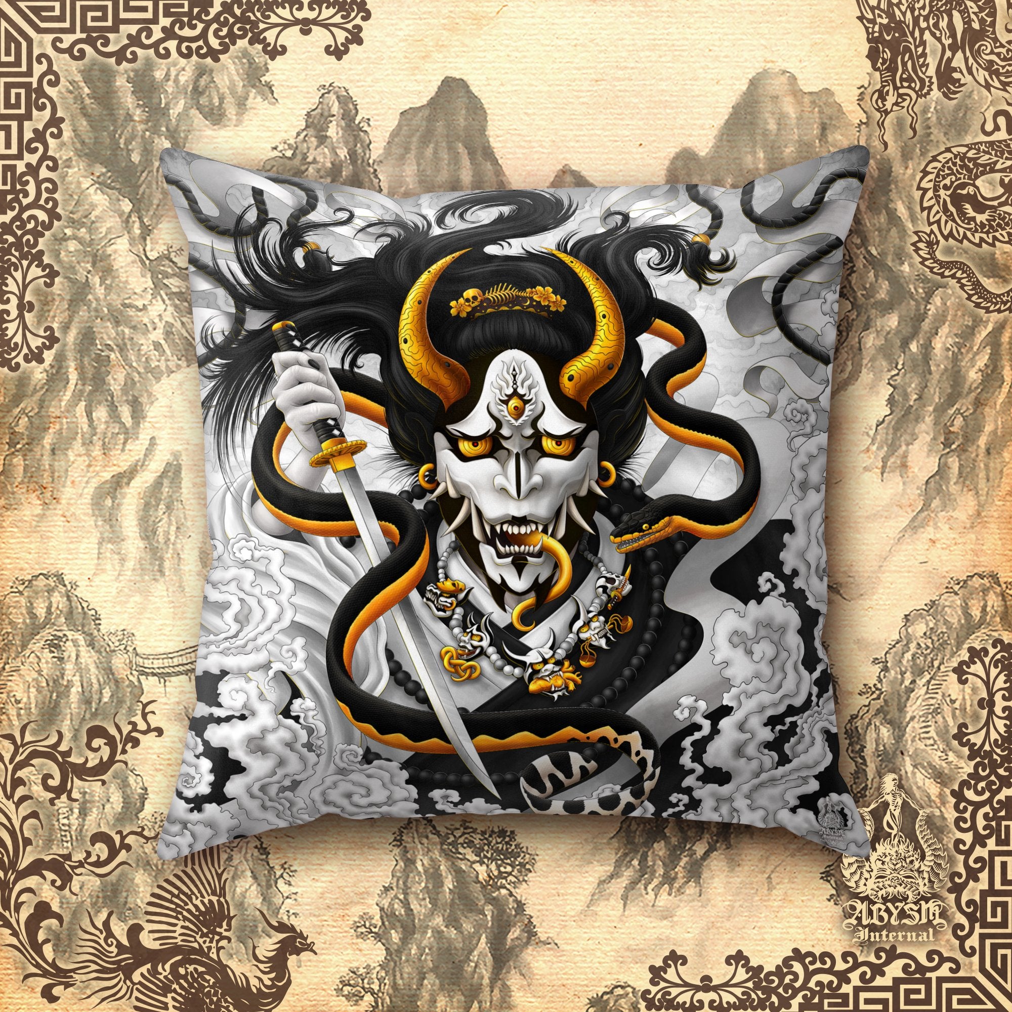 White and Black Hannya Throw Pillow, Decorative Accent Pillow, Square Cushion Cover, Japanese Demon & Snake, Anime Room Decor - Abysm Internal