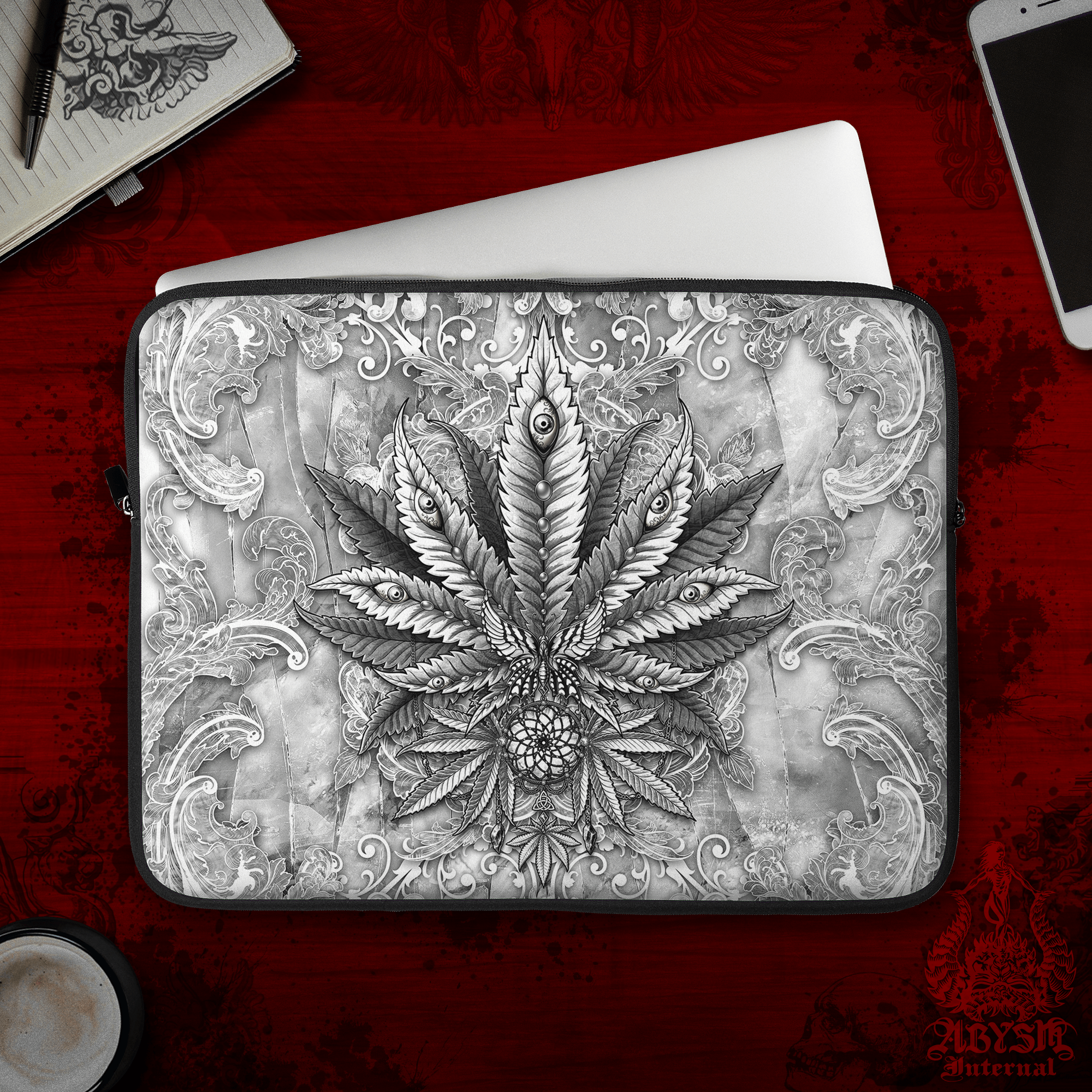 White Cannabis Laptop Case – Stone, Goth, 13" & 15", Trippy 420 Weed Art, Printed Padded Soft Sleeve - Abysm Internal