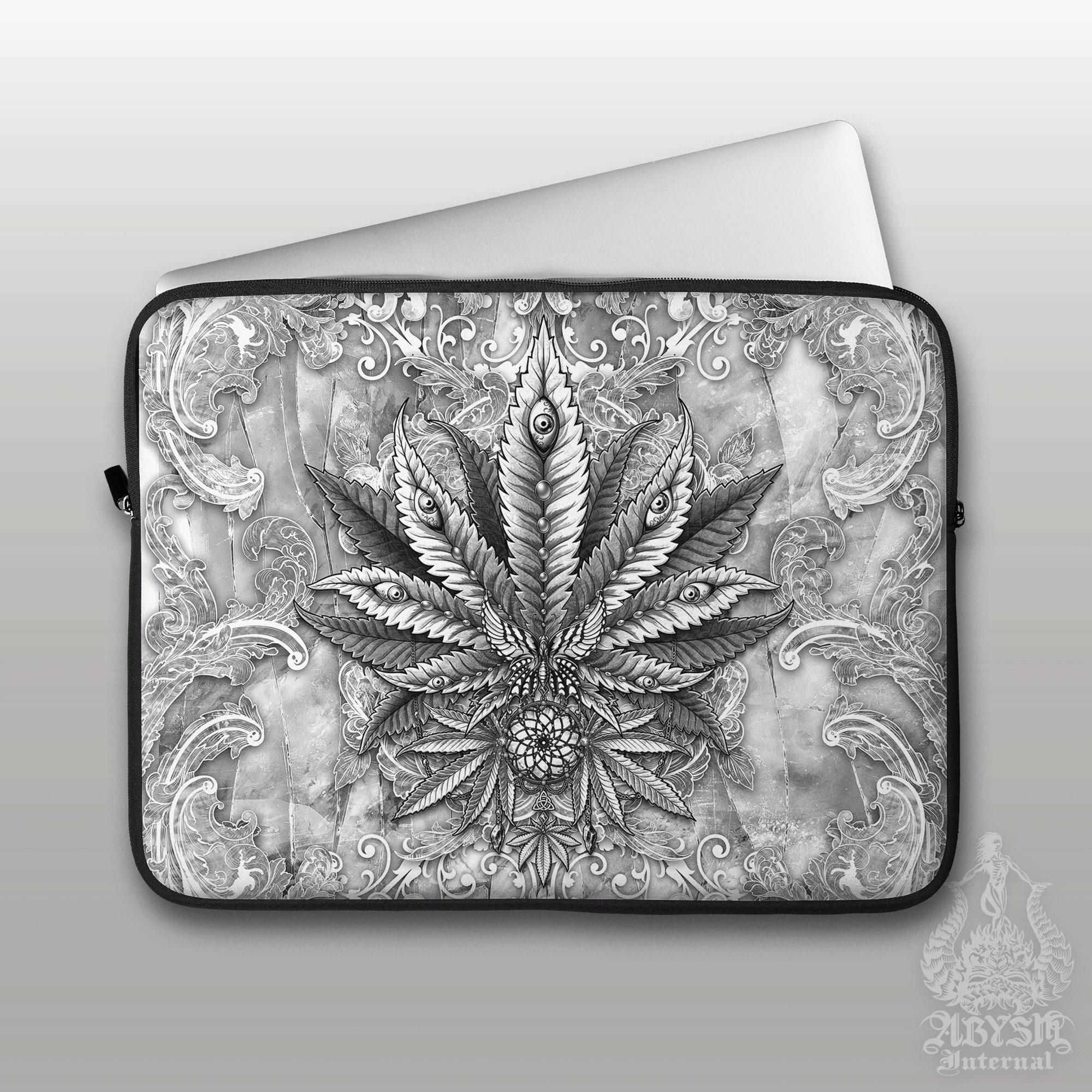 White Cannabis Laptop Case – Stone, Goth, 13" & 15", Trippy 420 Weed Art, Printed Padded Soft Sleeve - Abysm Internal