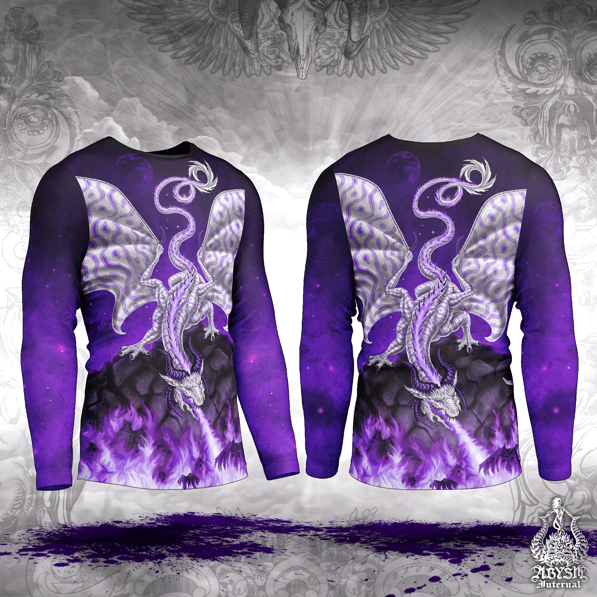 White Dragon Rash Guard, Purple Long Sleeve Surf Shirt, Vibrant Fire Sports Top | Fantasy Art UV Protection Activewear for Men and Women - Abysm Internal