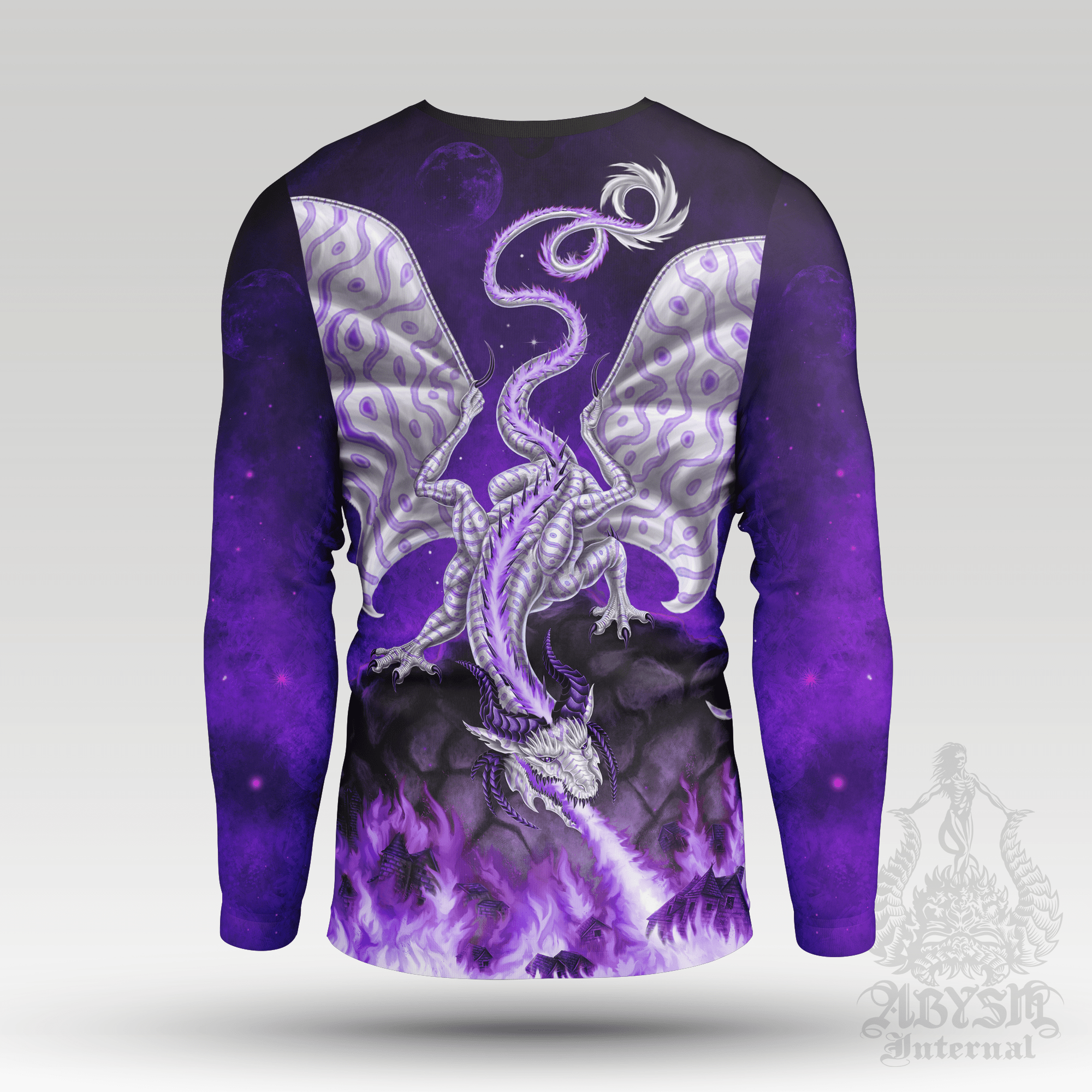 White Dragon Rash Guard, Purple Long Sleeve Surf Shirt, Vibrant Fire Sports Top | Fantasy Art UV Protection Activewear for Men and Women - Abysm Internal