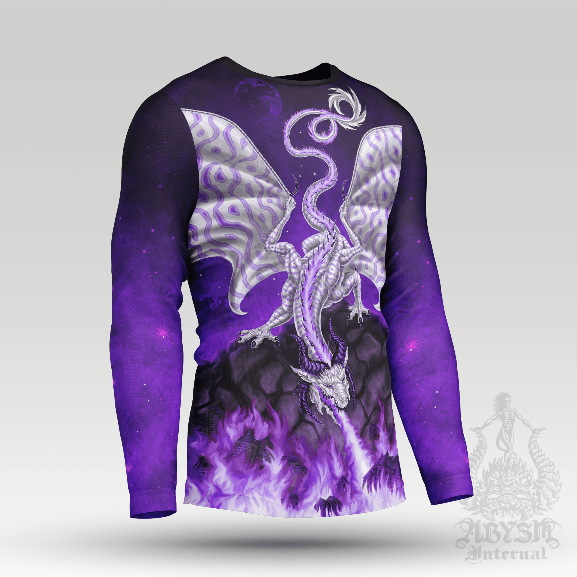 White Dragon Rash Guard, Purple Long Sleeve Surf Shirt, Vibrant Fire Sports Top | Fantasy Art UV Protection Activewear for Men and Women - Abysm Internal