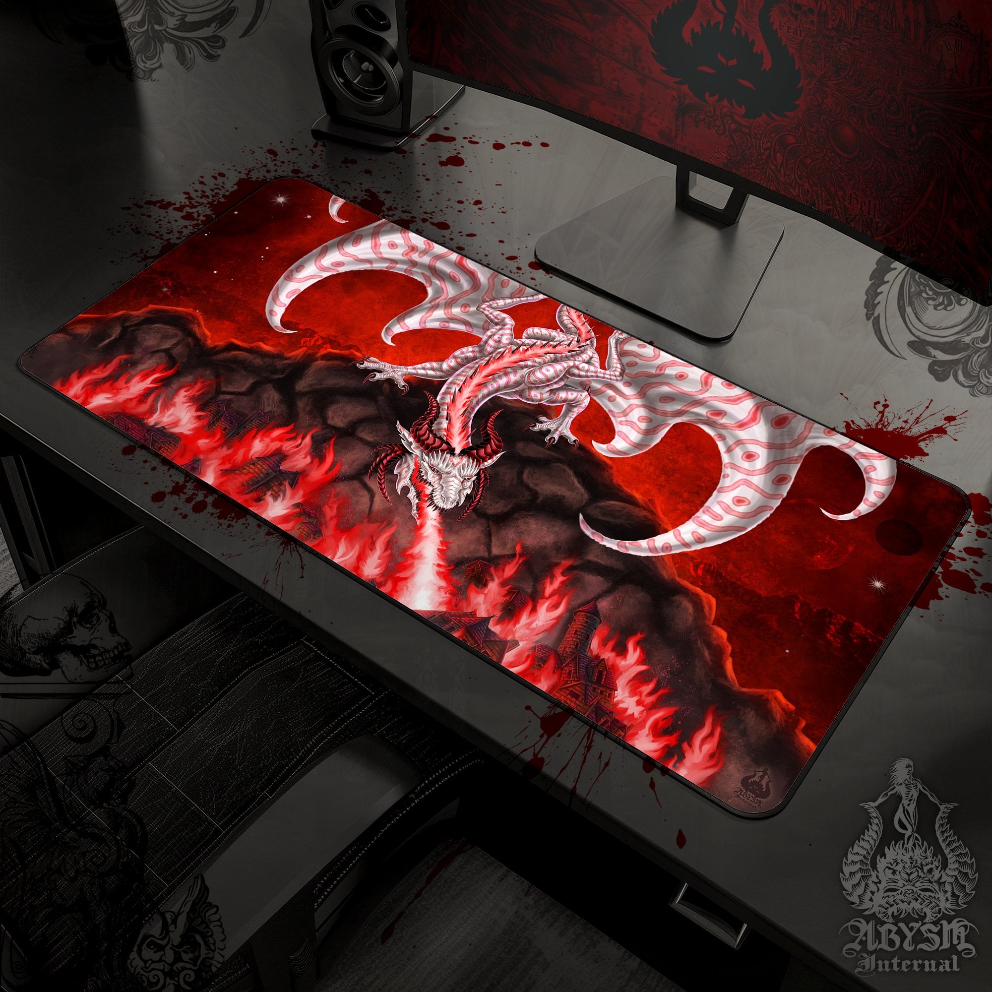 White Dragon Workpad, Fantasy Art Gaming Mouse Pad, Game Desk Mat, Goth Red Table Protector Cover, RPG, DM Gift Print - Fire - Abysm Internal