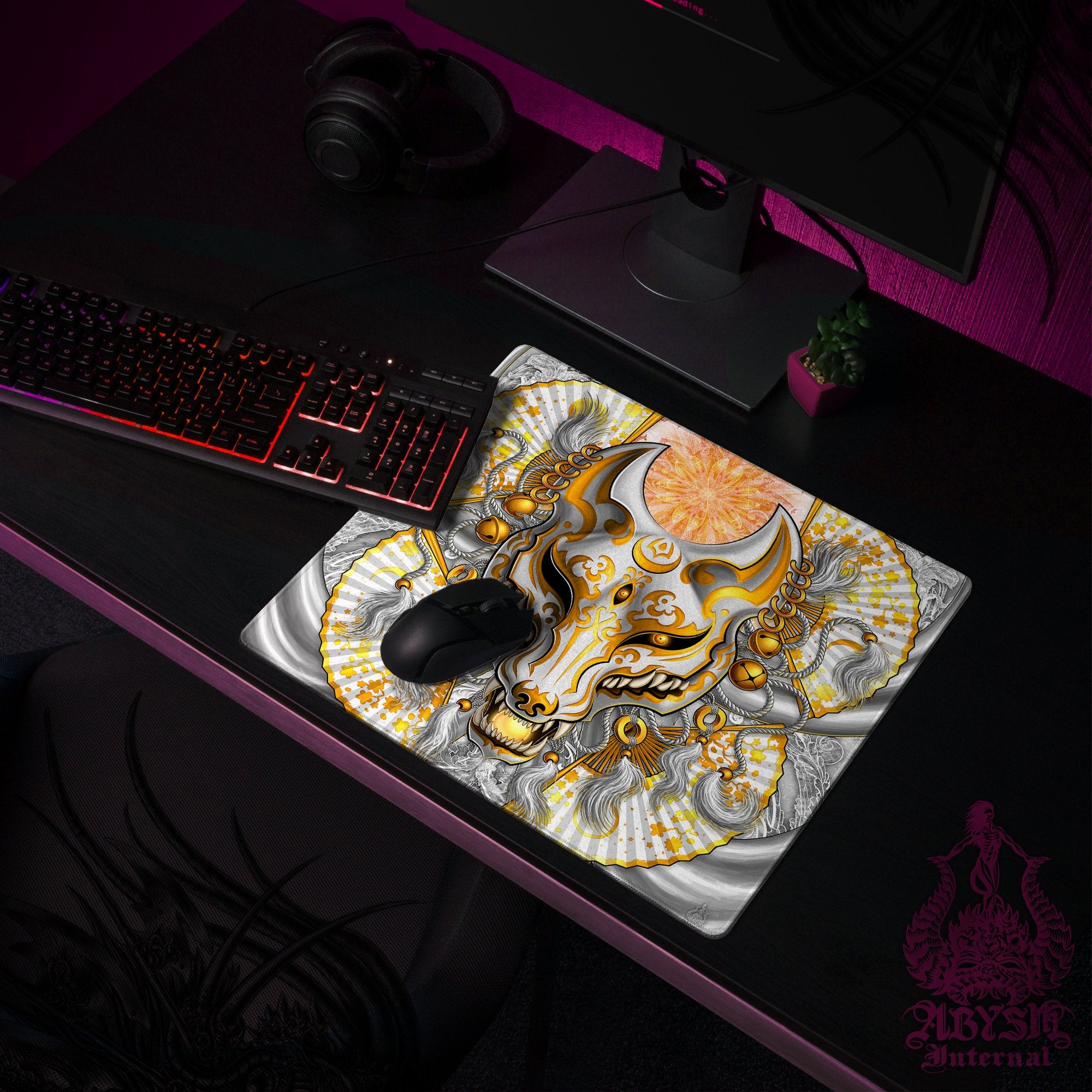 White Fox Mask Desk Mat, Kitsune Gaming Mouse Pad, Japanese Wolf Table Protector Cover, Anime Youkai Workpad, Manga Okami Art Print - Gold - Abysm Internal