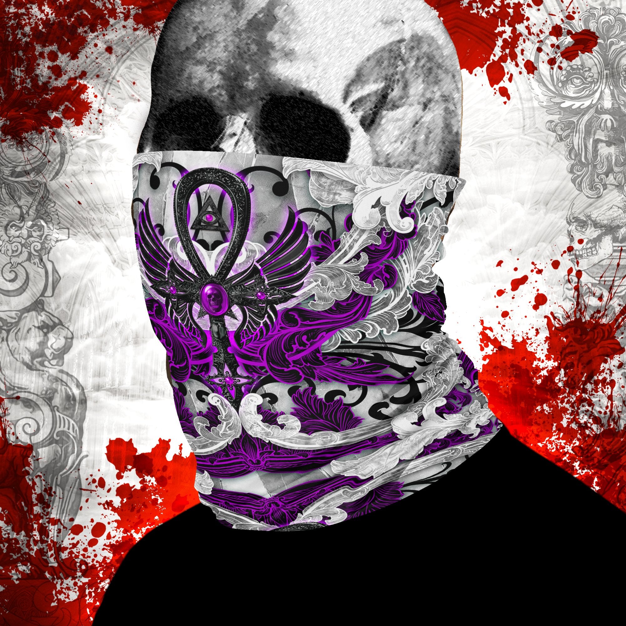 White Goth Ankh Neck Gaiter, Face Mask, Printed Head Covering, Gothic Street Outfit - Black, Red and Purple, 4 Colors - Abysm Internal