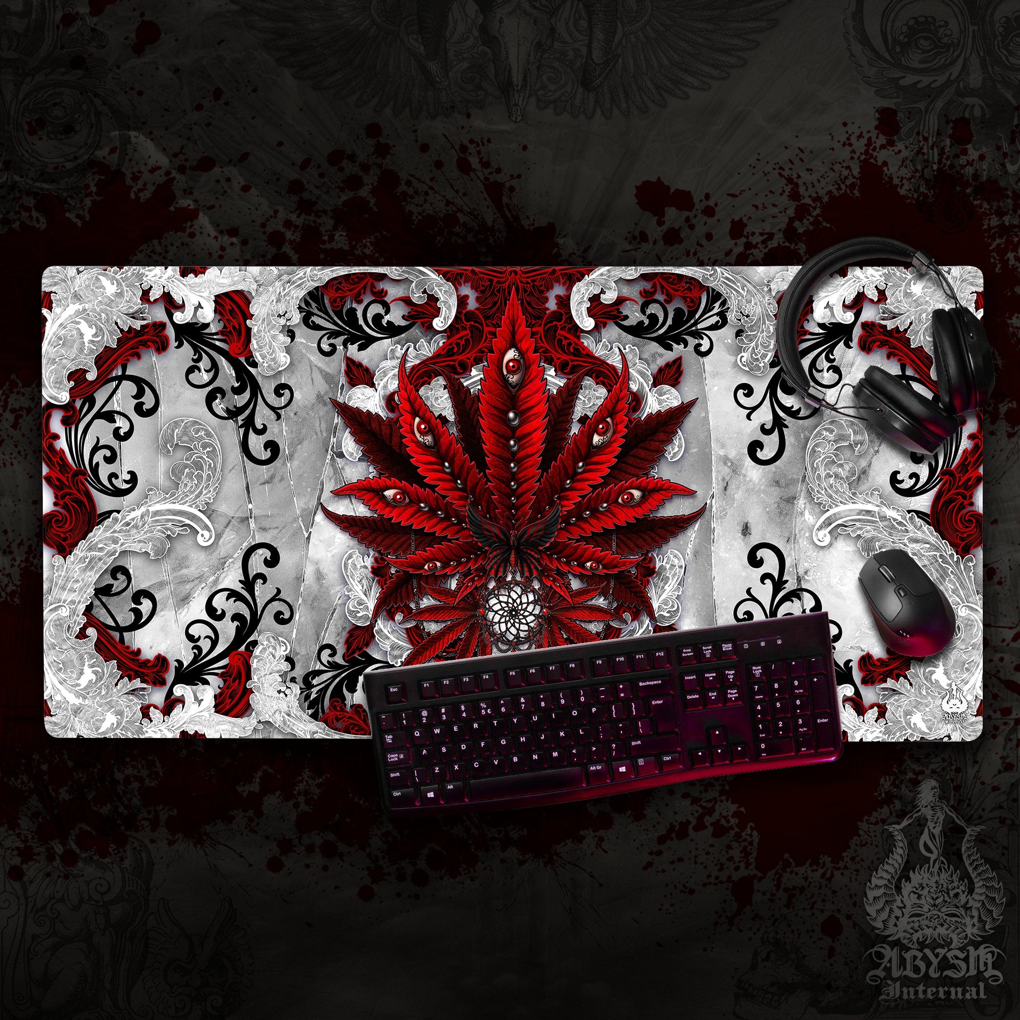 White Goth Cannabis Workpad, 420 Desk Mat, Red Weed Gaming Mouse Pad, Marijuana Table Protector Cover, Art Print - Abysm Internal