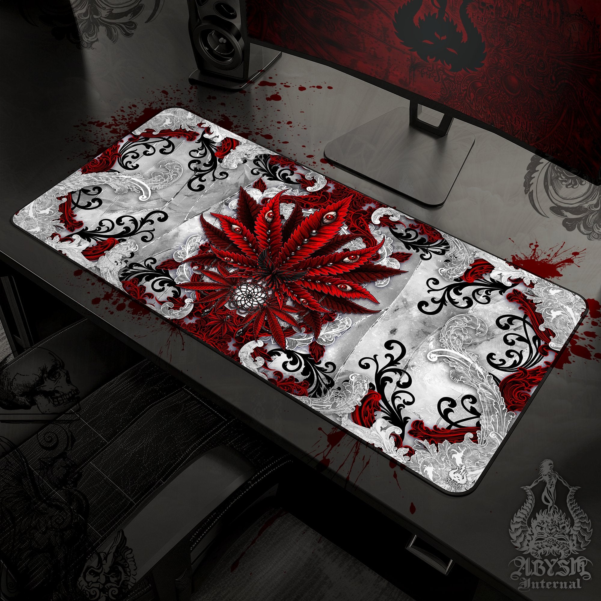 White Goth Cannabis Workpad, 420 Desk Mat, Red Weed Gaming Mouse Pad, Marijuana Table Protector Cover, Art Print - Abysm Internal