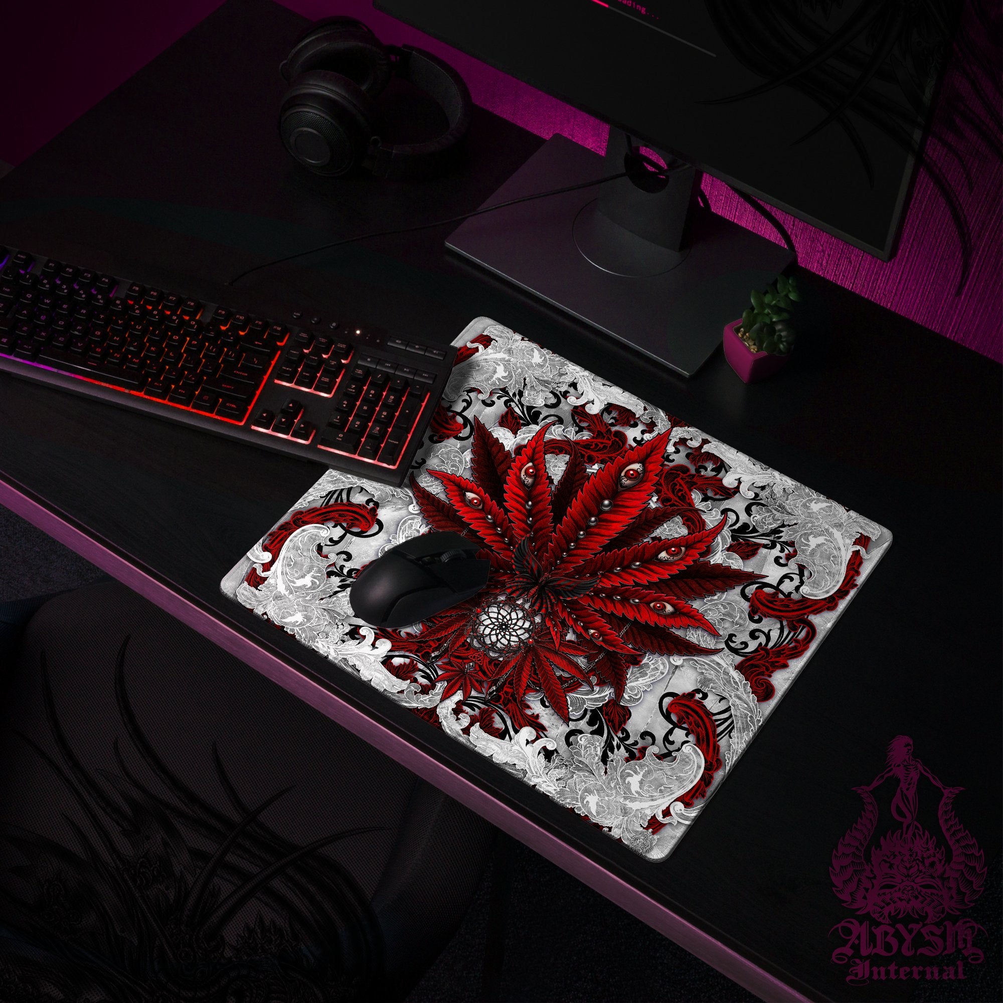 White Goth Cannabis Workpad, 420 Desk Mat, Red Weed Gaming Mouse Pad, Marijuana Table Protector Cover, Art Print - Abysm Internal