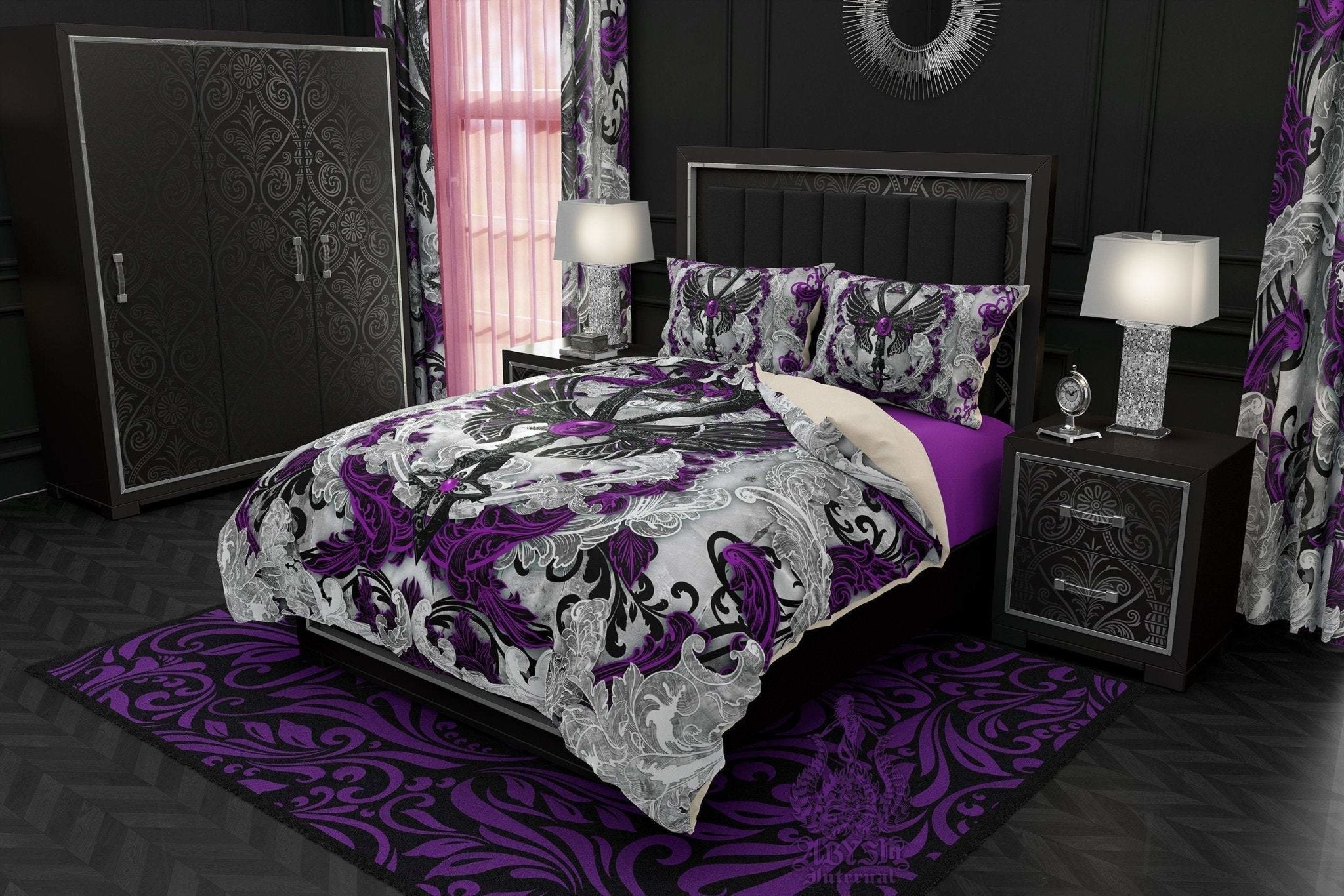 White Goth Comforter or Duvet, Ankh Bed Cover, Gothic Bedroom Decor, King, Queen & Twin Bedding Set - Purple - Abysm Internal