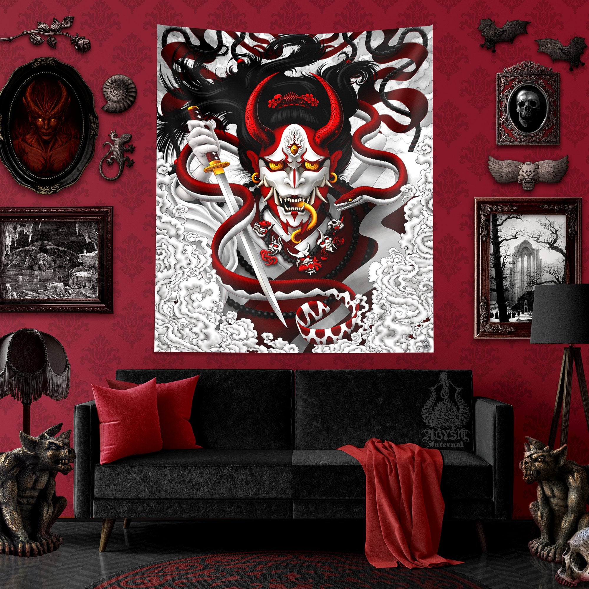 White Goth Demon Tapestry, Japanese Hannya and Snake Wall Hanging, Manga, Anime and Gamer Room Decor, Vertical Art Print - Red - Abysm Internal