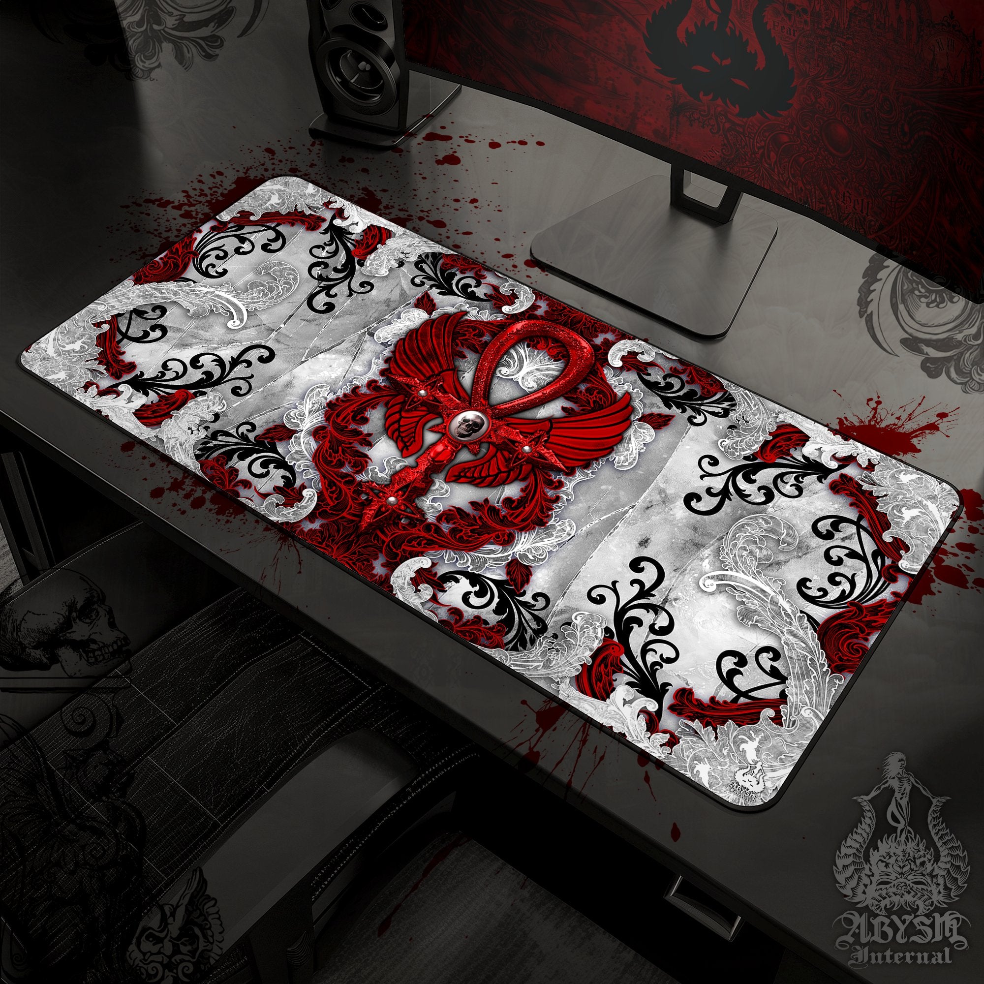 White Goth Desk Mat, Ankh Gaming Mouse Pad, Bloody Cross Table Protector Cover, Skull Workpad, Art Print - 3 Colors - Abysm Internal