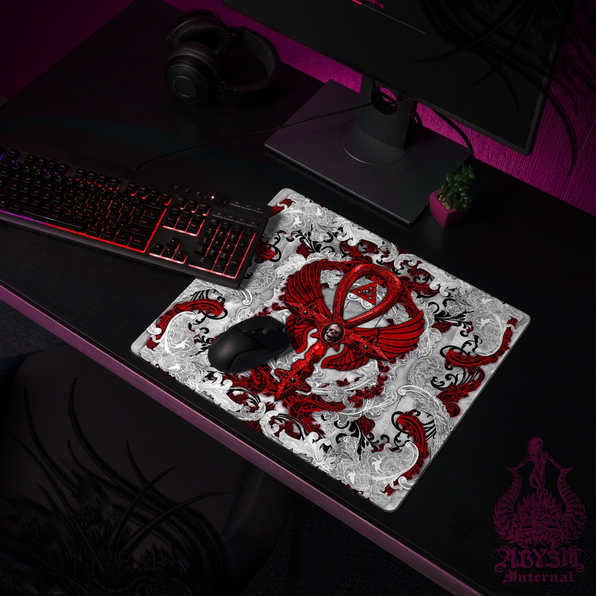 White Goth Desk Mat, Ankh Gaming Mouse Pad, Bloody Cross Table Protector Cover, Skull Workpad, Art Print - 3 Colors White Goth Desk Mat, Ankh Gaming Mouse Pad, Bloody Cross Table Protector Cover, Skull Workpad, Art Print - 3 Colors